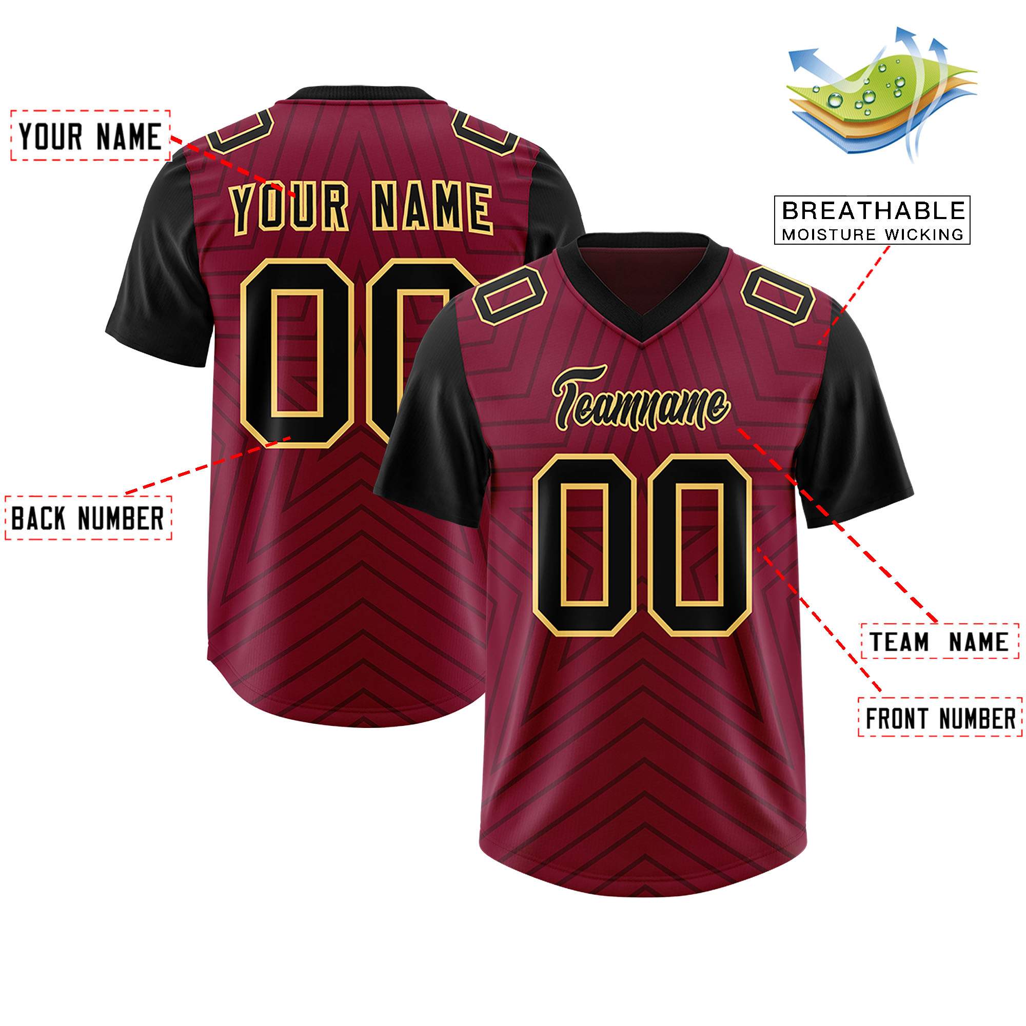 Custom Cardinal Black Personalized Star Pattern Raglan Sleeves Authentic Football Jersey