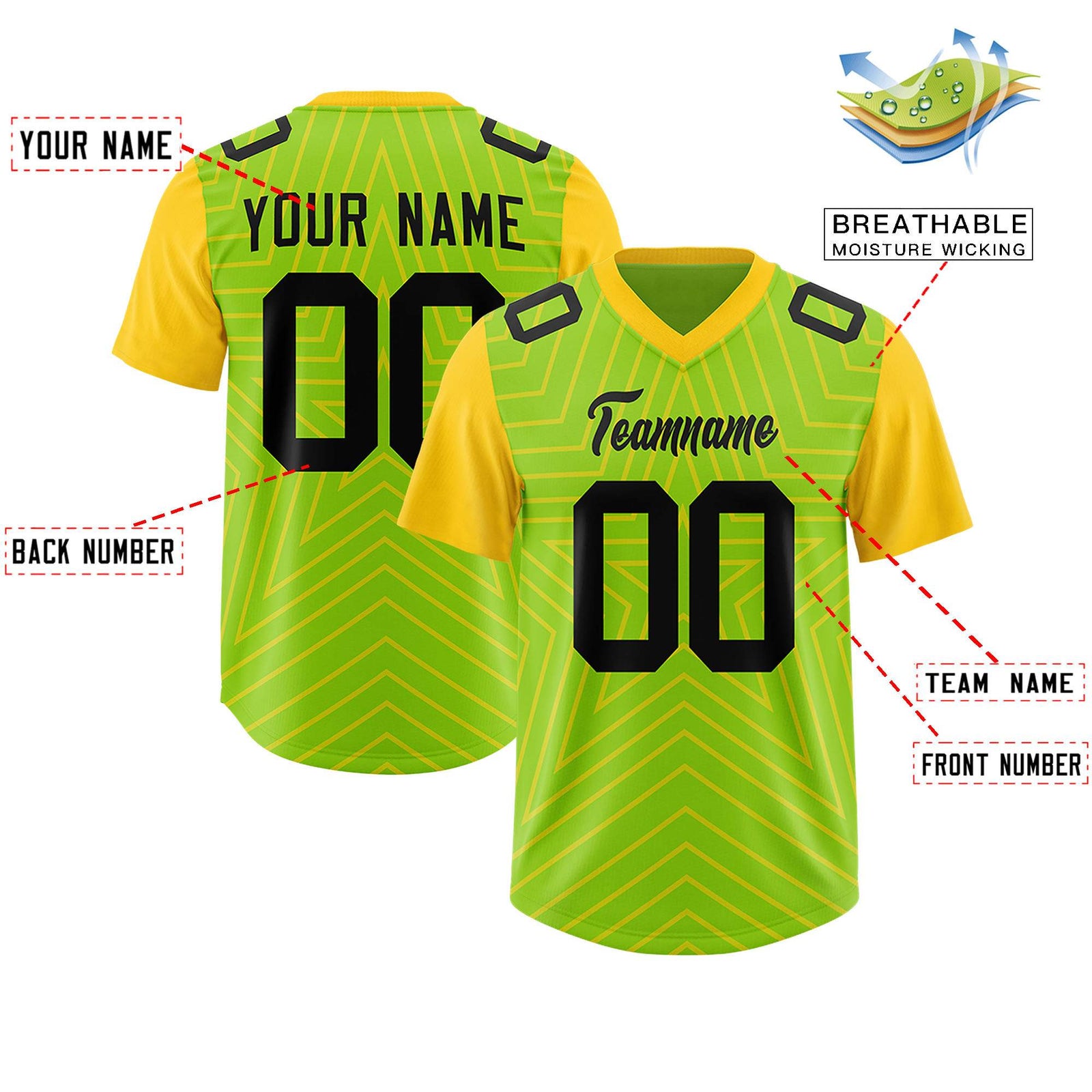 Custom Neon Green Gold Personalized Star Pattern Raglan Sleeves Authentic Football Jersey