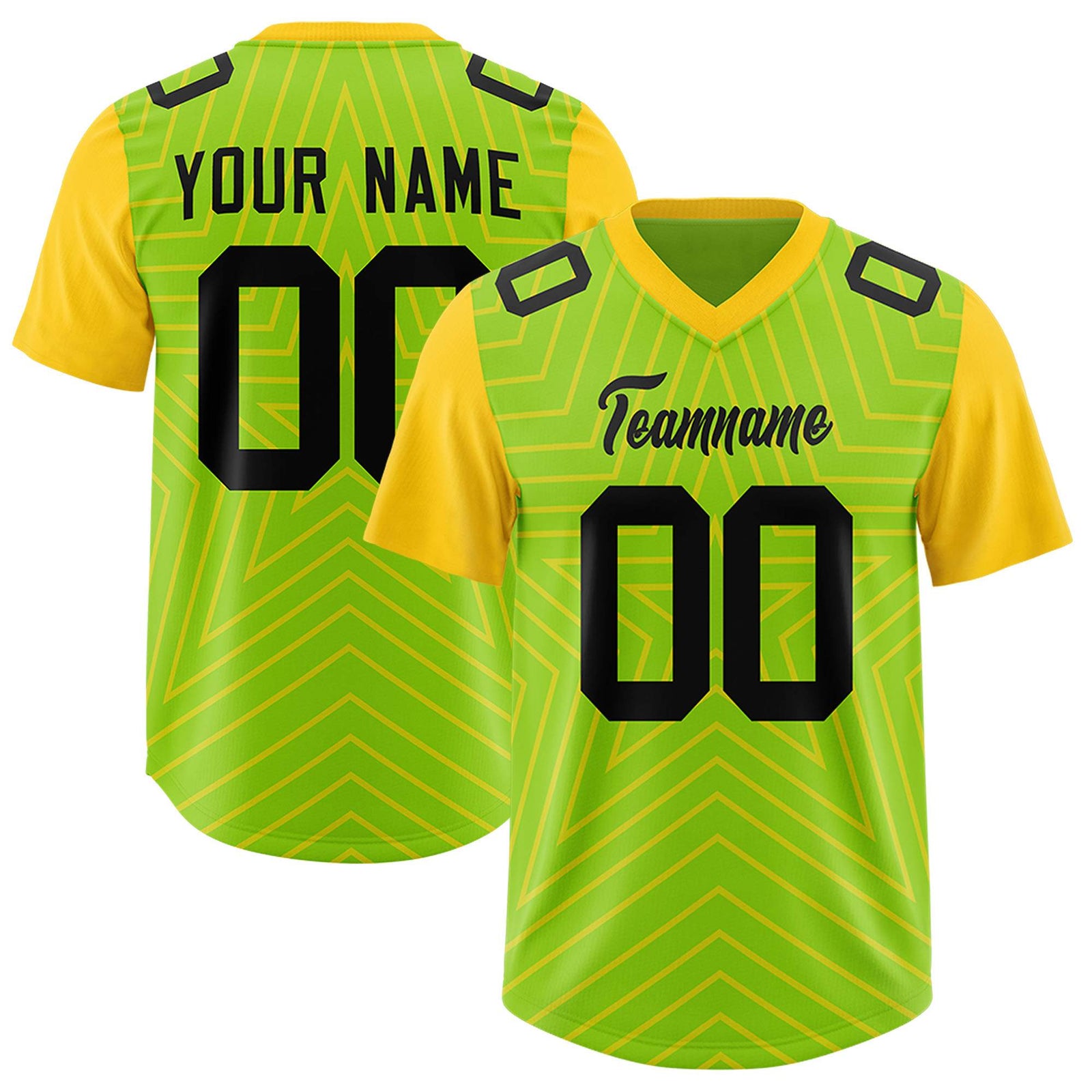 Custom Neon Green Gold Personalized Star Pattern Raglan Sleeves Authentic Football Jersey