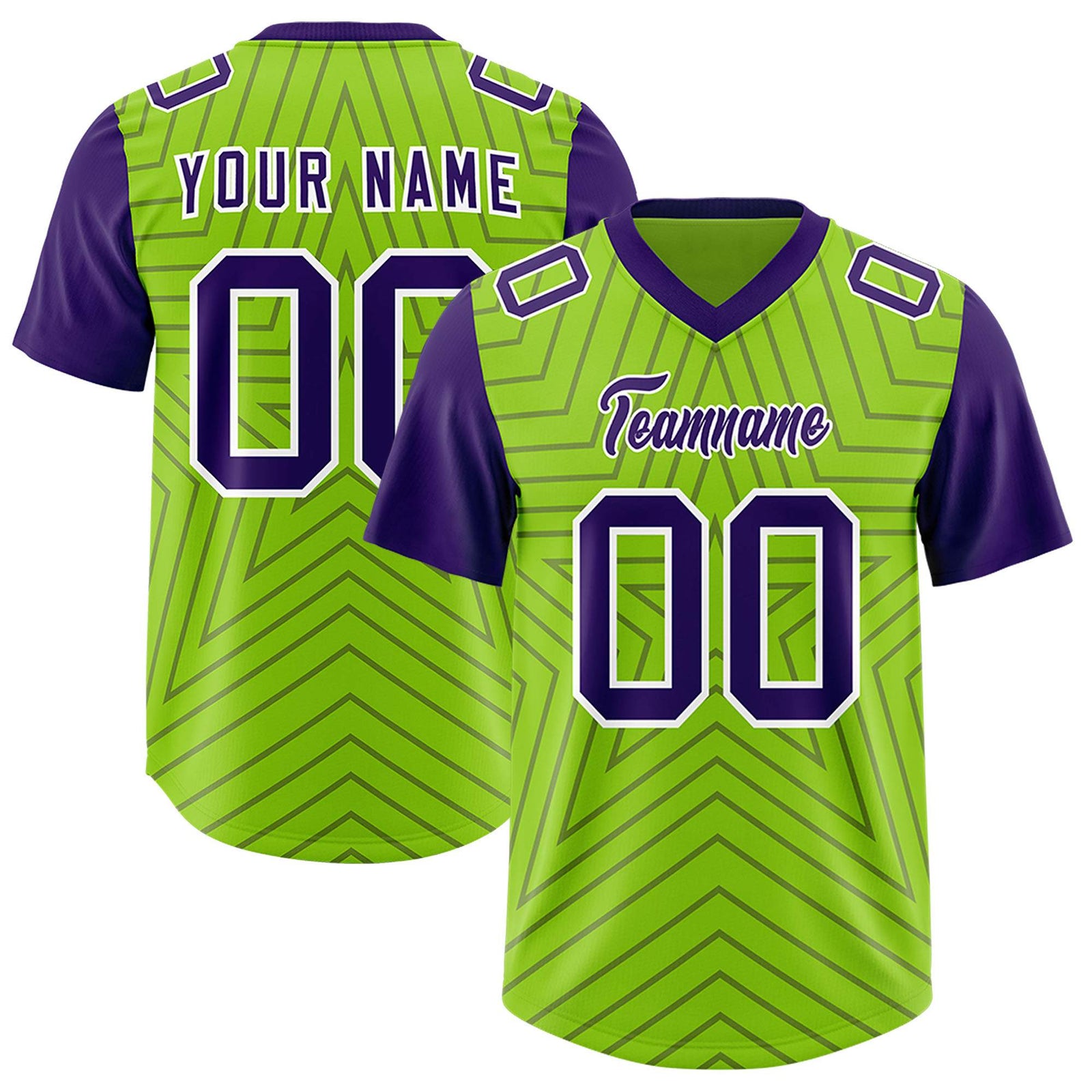 Custom Neon Green Purple Personalized Star Pattern Raglan Sleeves Authentic Football Jersey