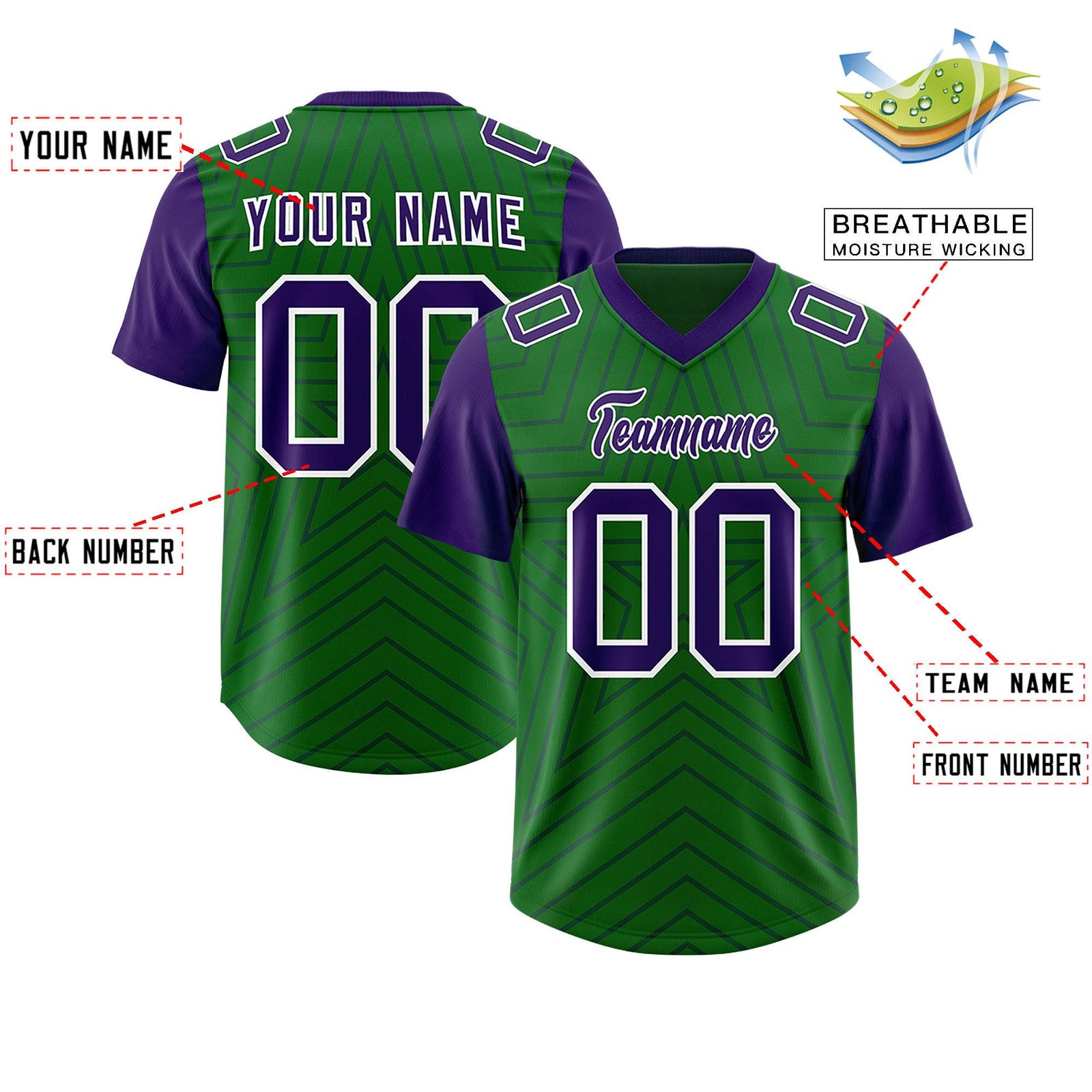 Custom Kelly Green Purple Personalized Star Pattern Raglan Sleeves Authentic Football Jersey