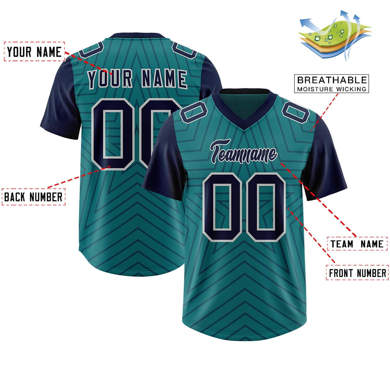 Custom Aqua Navy Personalized Star Pattern Raglan Sleeves Authentic Football Jersey