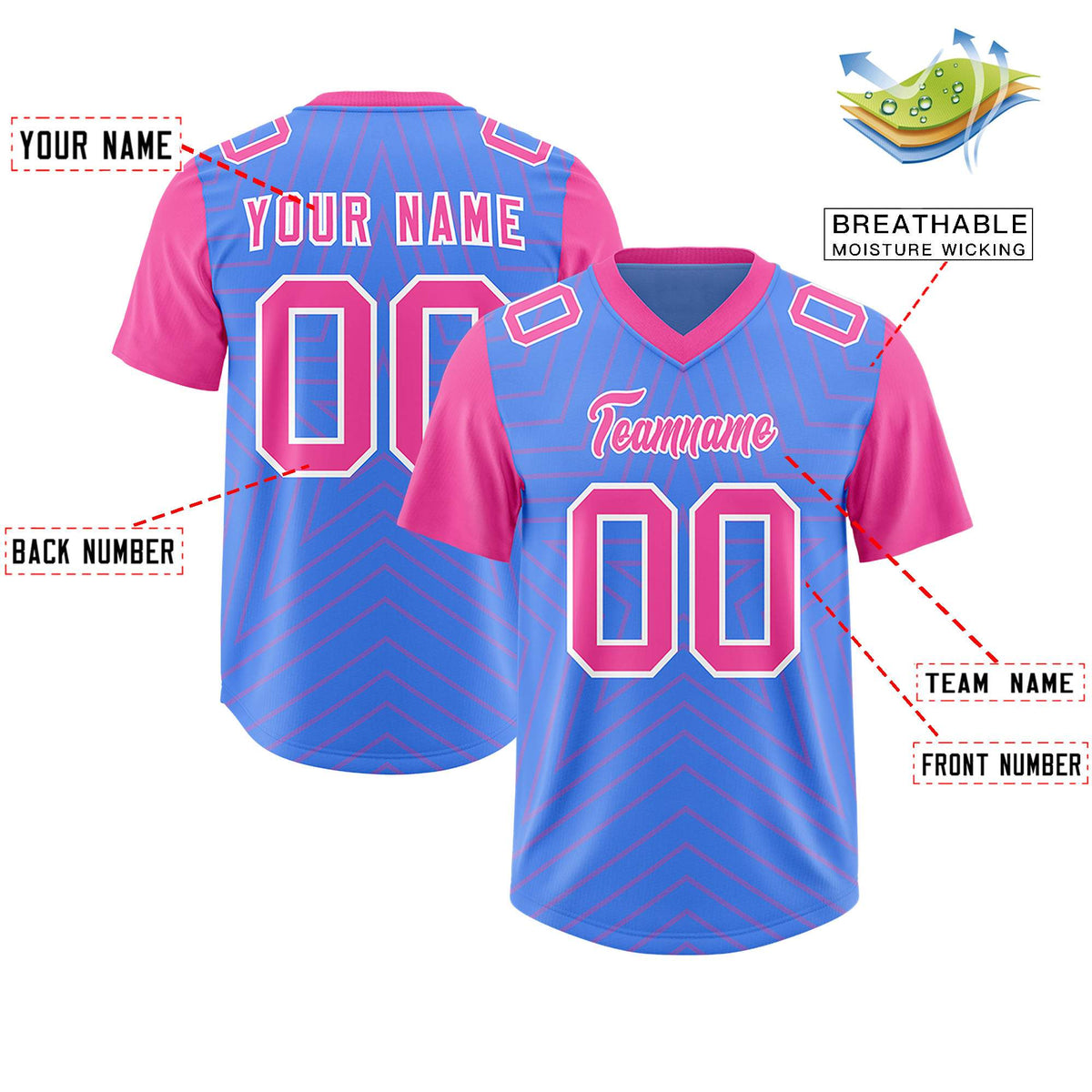 Custom Powder Blue Pink Personalized Star Pattern Raglan Sleeves Authentic Football Jersey