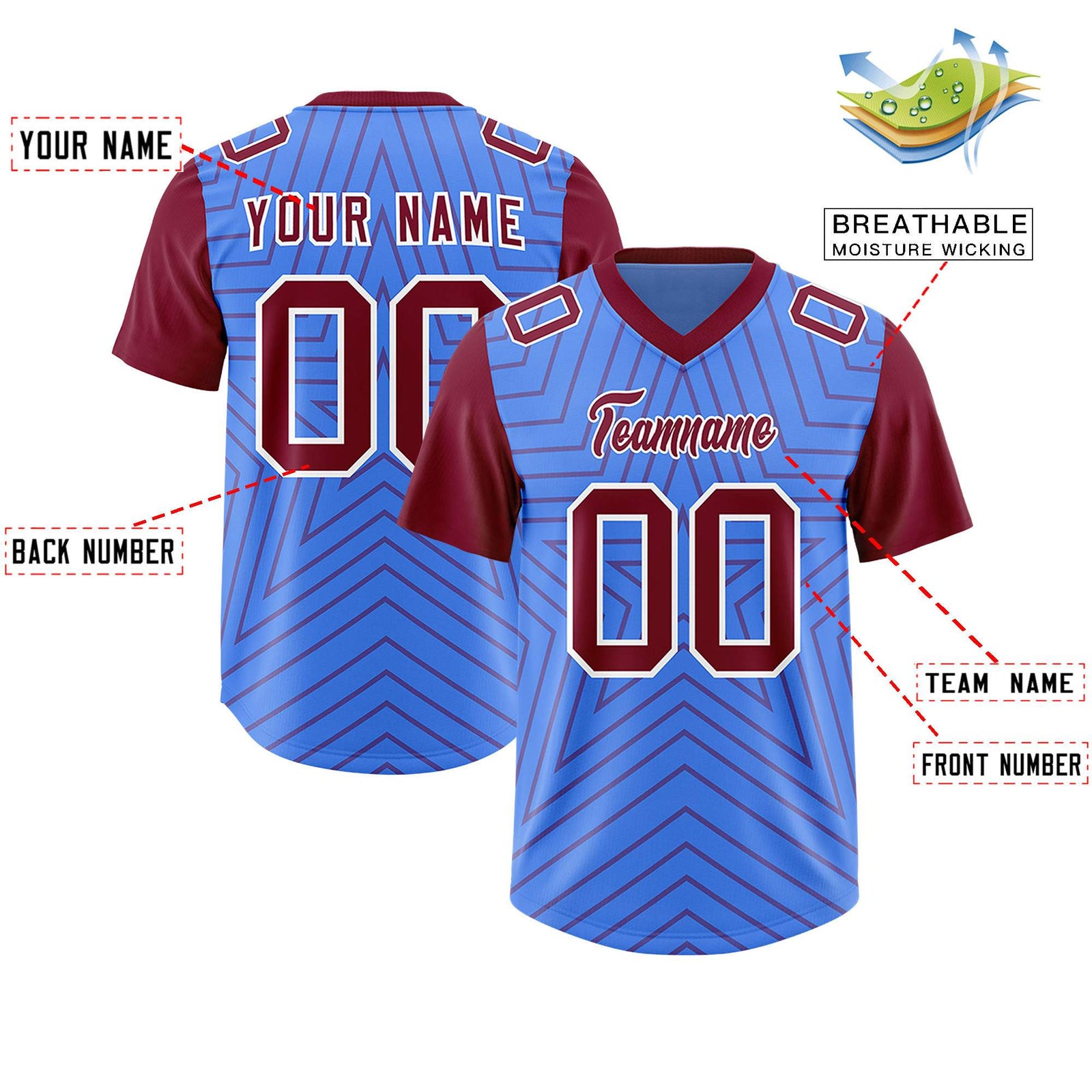 Custom Powder Blue Cardinal Personalized Star Pattern Raglan Sleeves Authentic Football Jersey