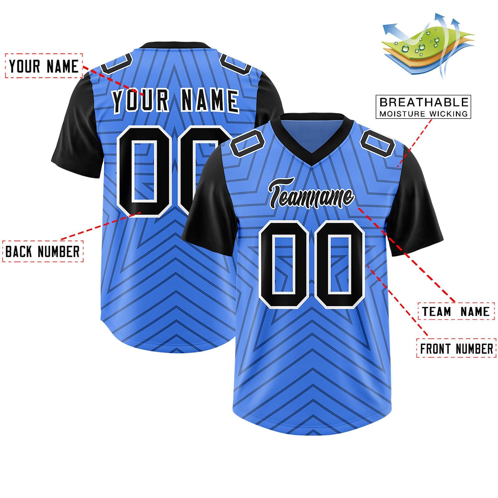 Custom Powder Blue Black Personalized Star Pattern Raglan Sleeves Authentic Football Jersey