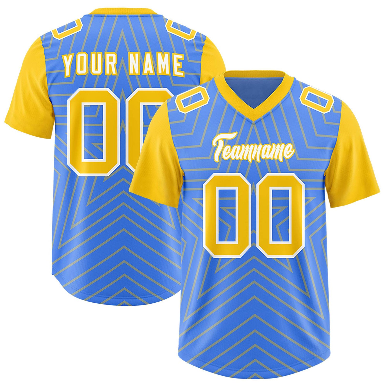 Custom Powder Blue Gold Personalized Star Pattern Raglan Sleeves Authentic Football Jersey