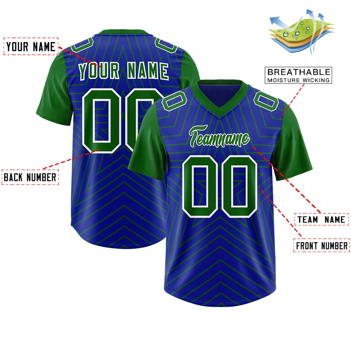 Custom Royal Kelly Green Personalized Star Pattern Raglan Sleeves Authentic Football Jersey