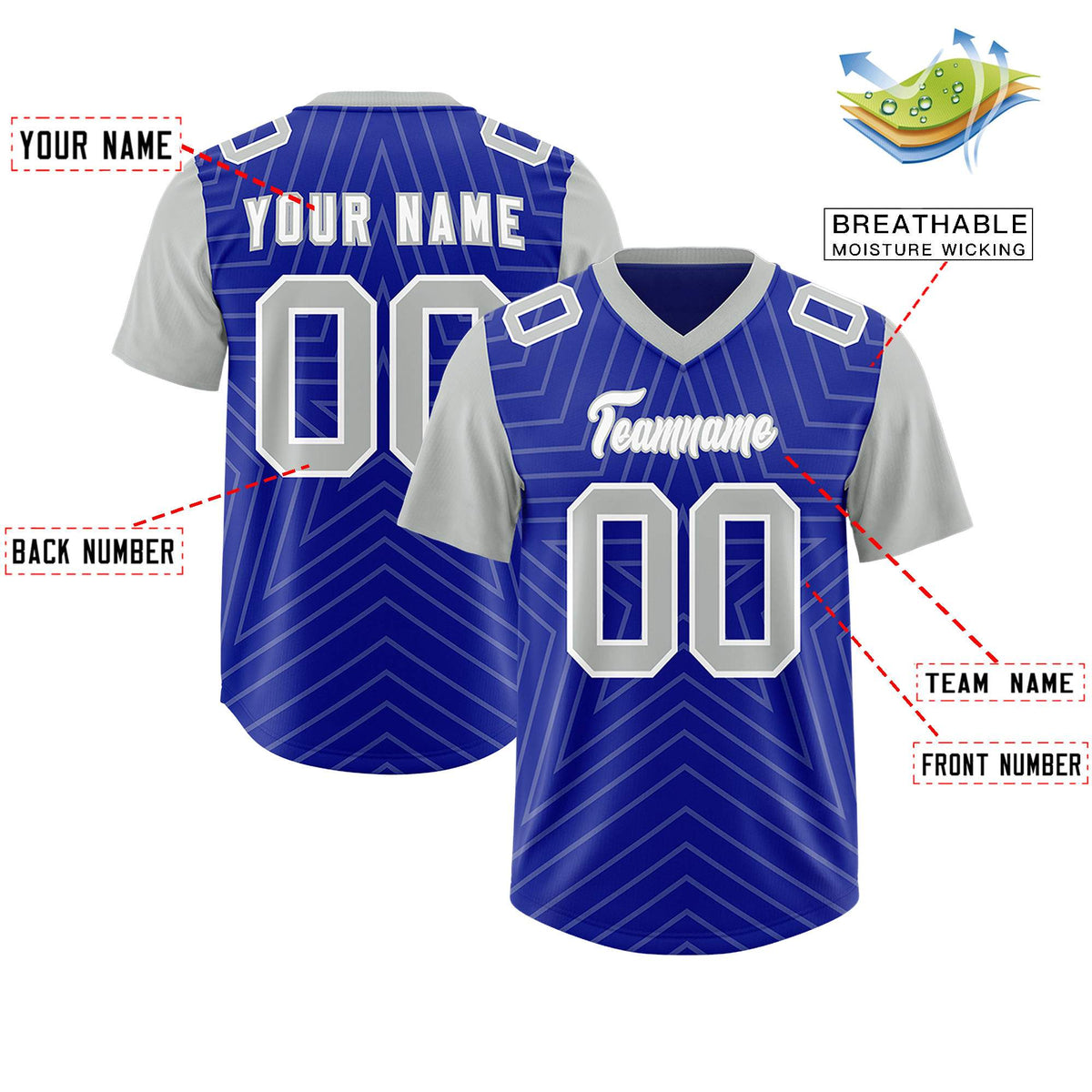 Custom Royal Gray Personalized Star Pattern Raglan Sleeves Authentic Football Jersey