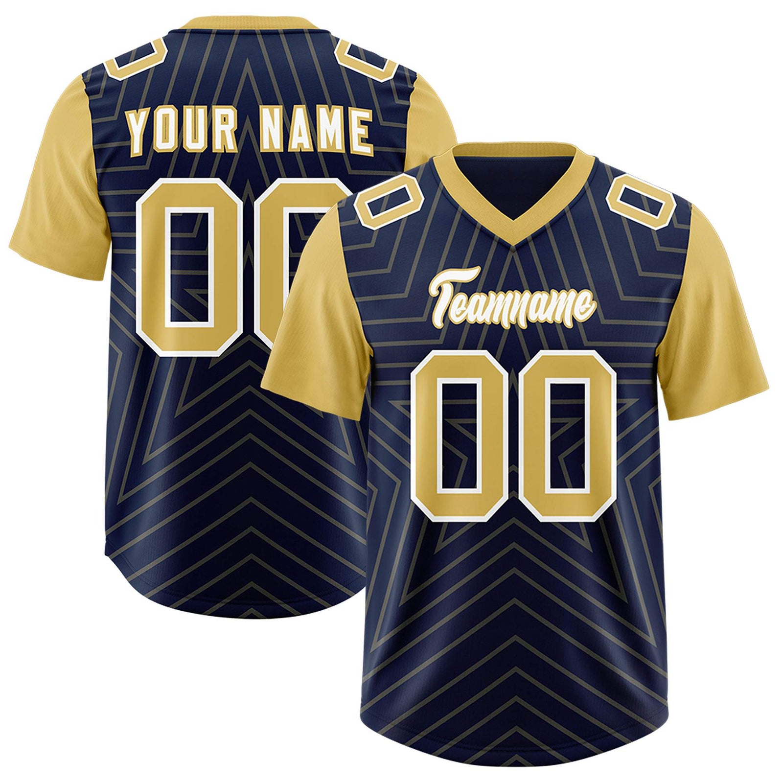 Custom Navy Old Gold Personalized Star Pattern Raglan Sleeves Authentic Football Jersey