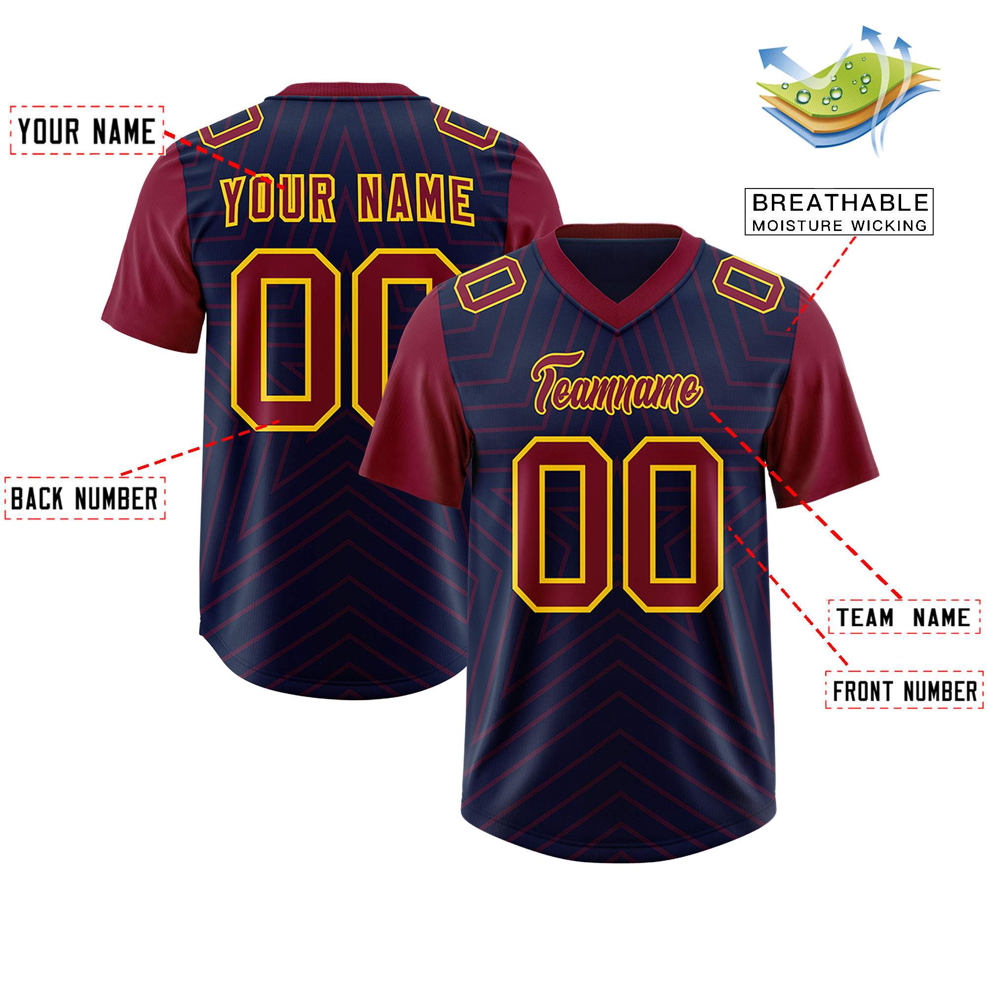 Custom Navy Cardinal Personalized Star Pattern Raglan Sleeves Authentic Football Jersey