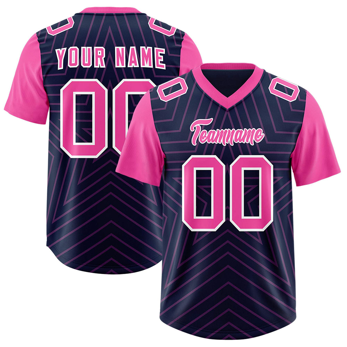 Custom Navy Pink Personalized Star Pattern Raglan Sleeves Authentic Football Jersey