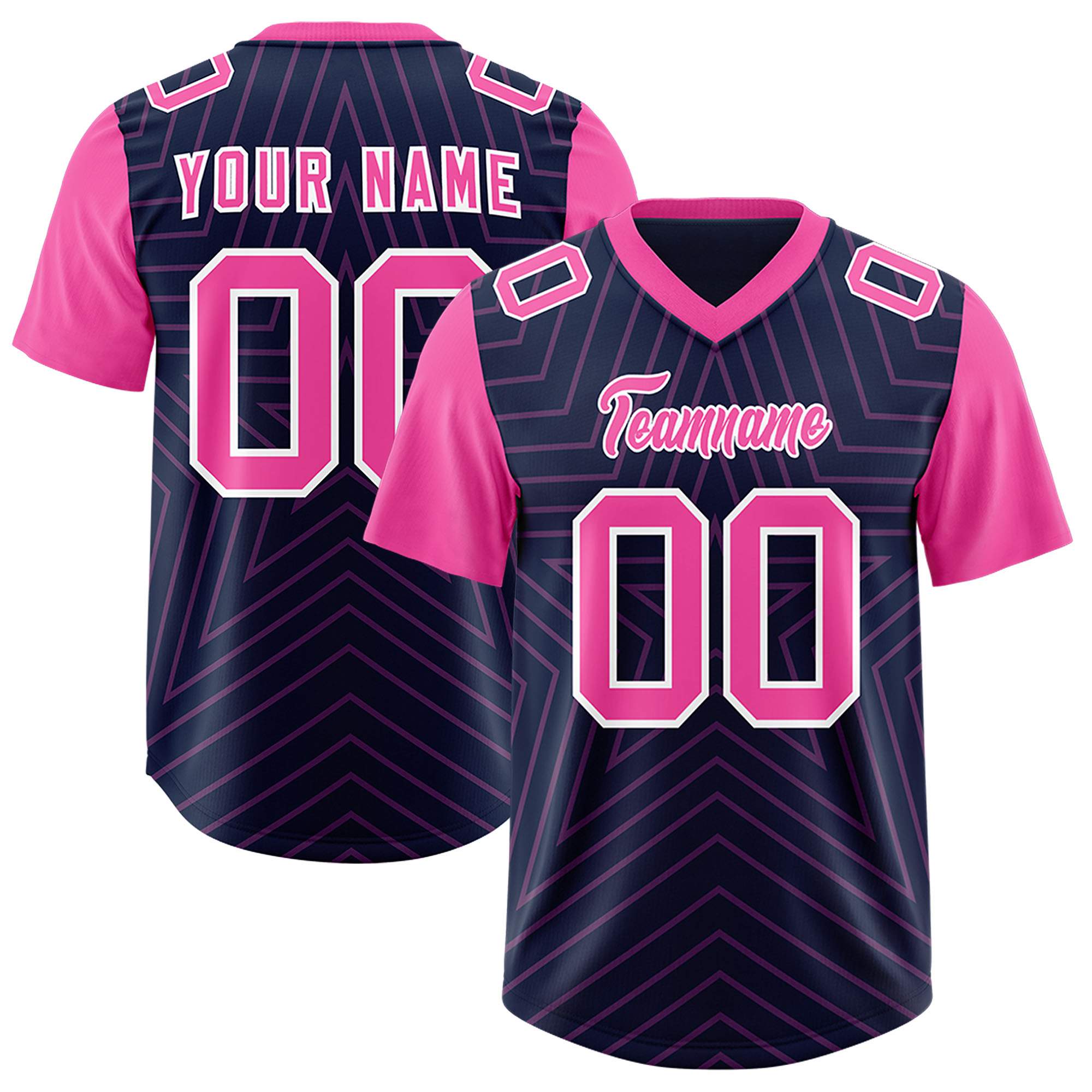 Custom Navy Pink Personalized Star Pattern Raglan Sleeves Authentic Football Jersey
