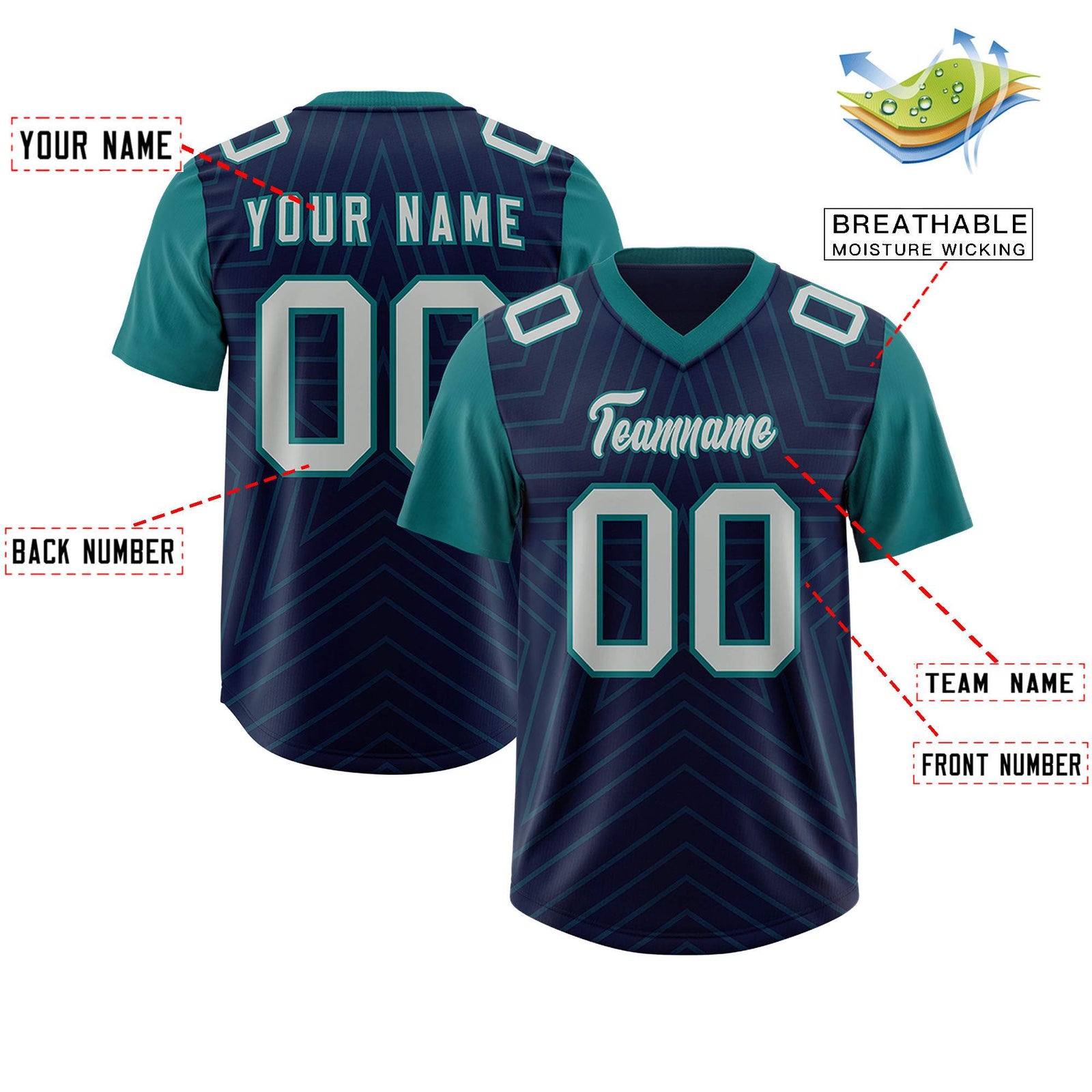 Custom Navy Aqua Personalized Star Pattern Raglan Sleeves Authentic Football Jersey