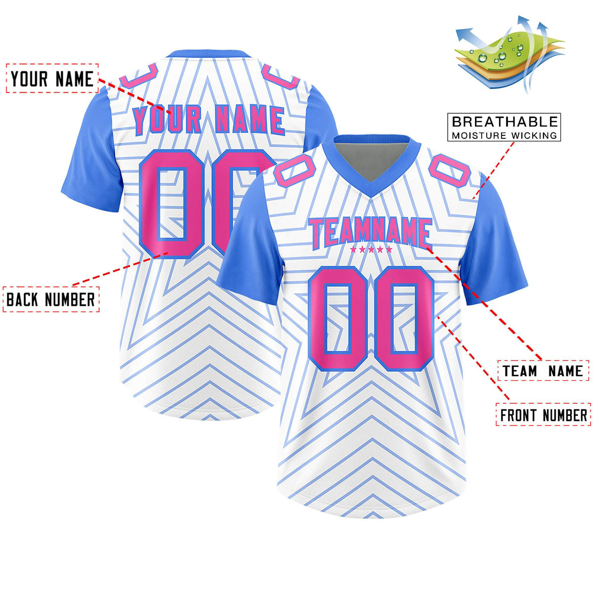 Custom White Powder Blue Personalized Star Pattern Raglan Sleeves Authentic Football Jersey