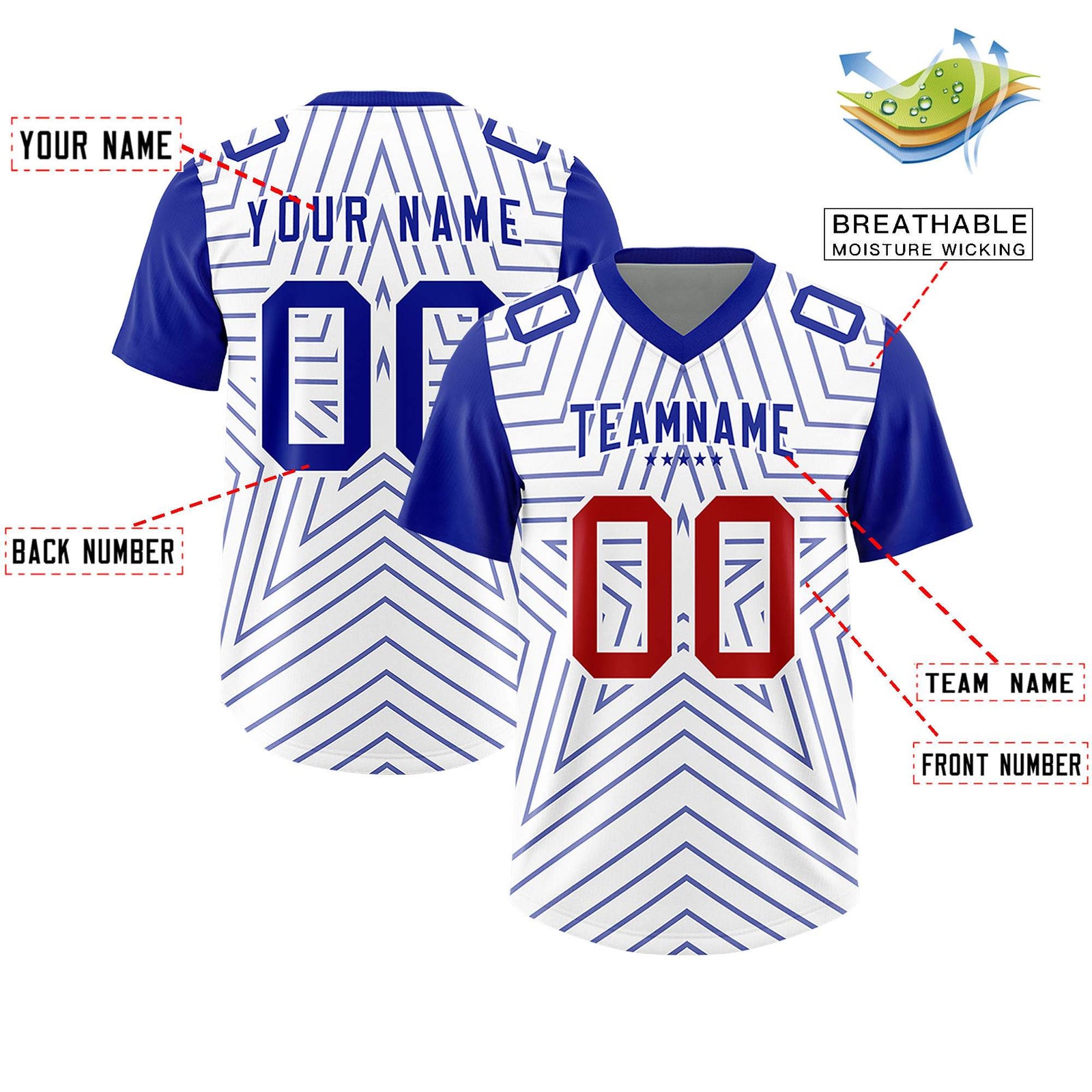 Custom White Royal Personalized Star Pattern Raglan Sleeves Authentic Football Jersey