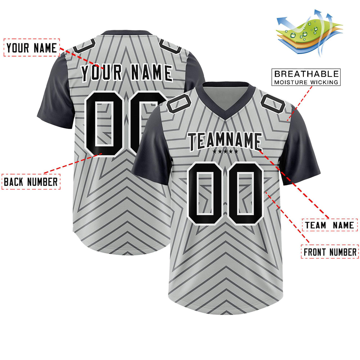 Custom Gray Dark Gray Personalized Star Pattern Raglan Sleeves Authentic Football Jersey