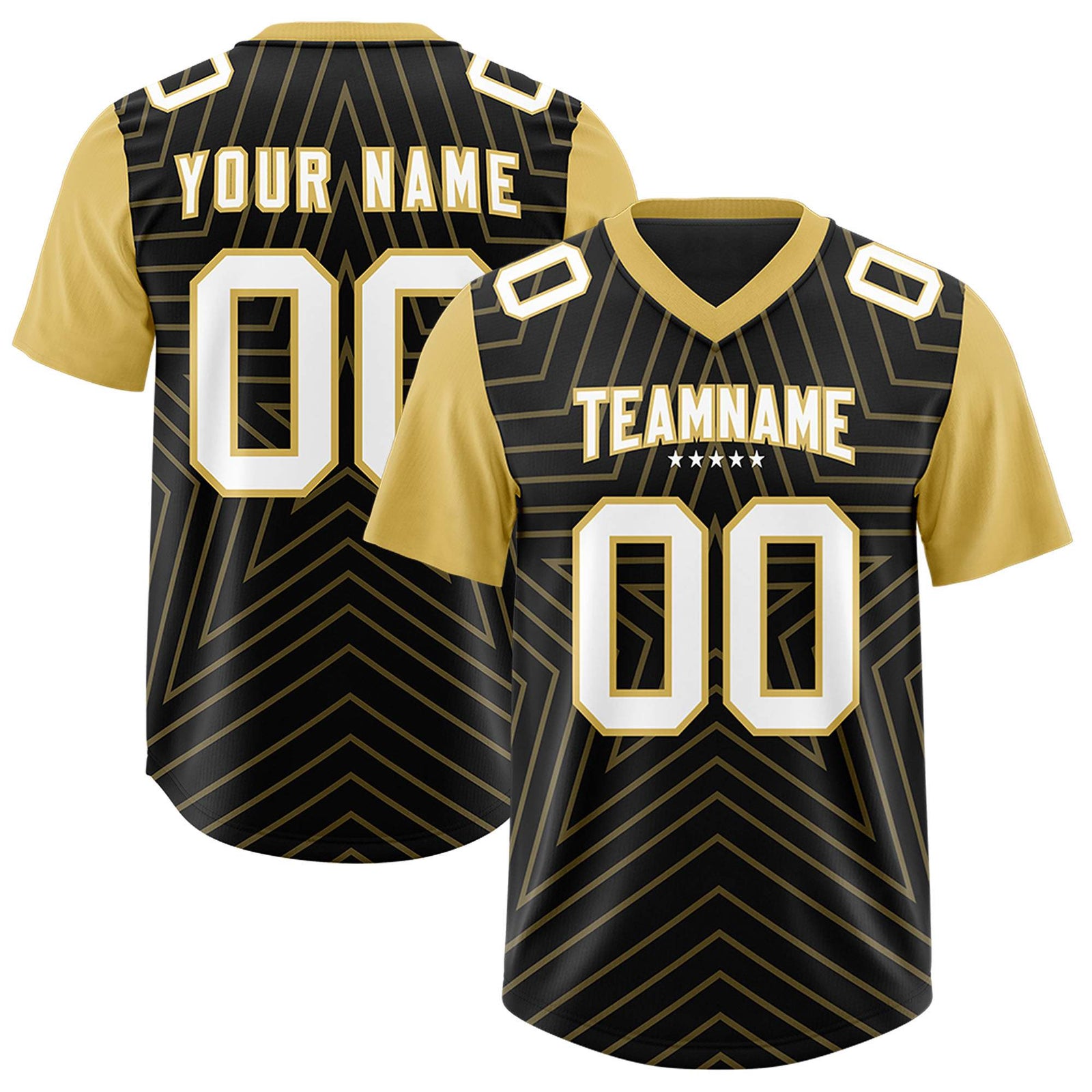 Custom Black Old Gold Personalized Star Pattern Raglan Sleeves Authentic Football Jersey