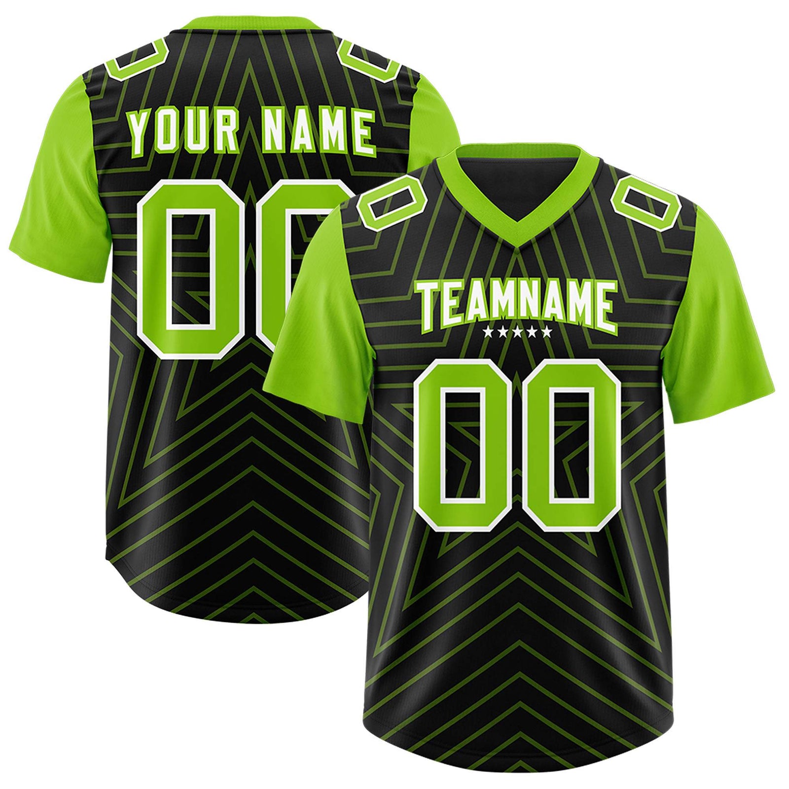 Custom Black Neon Green Personalized Star Pattern Raglan Sleeves Authentic Football Jersey
