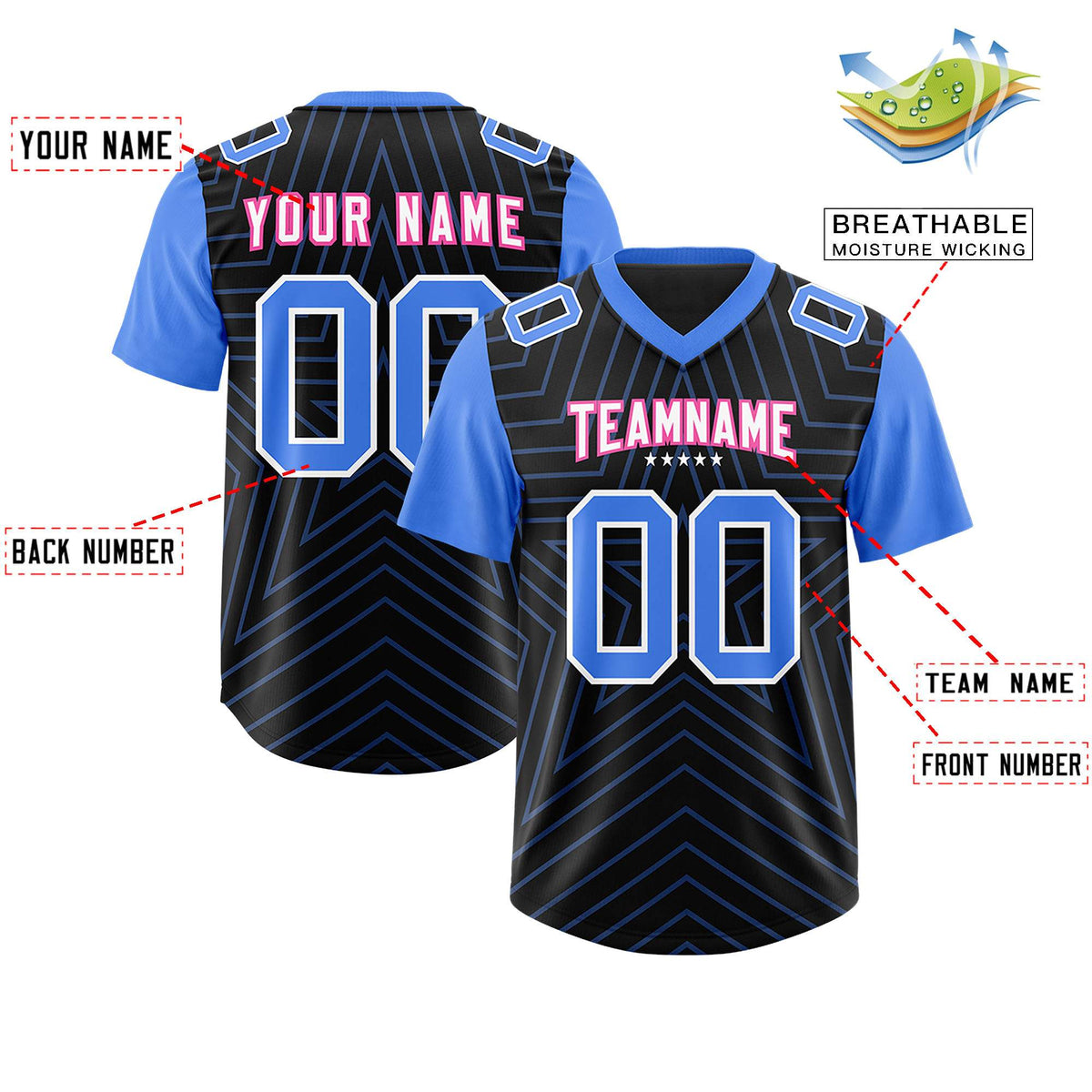 Custom Black Powder Blue Personalized Star Pattern Raglan Sleeves Authentic Football Jersey