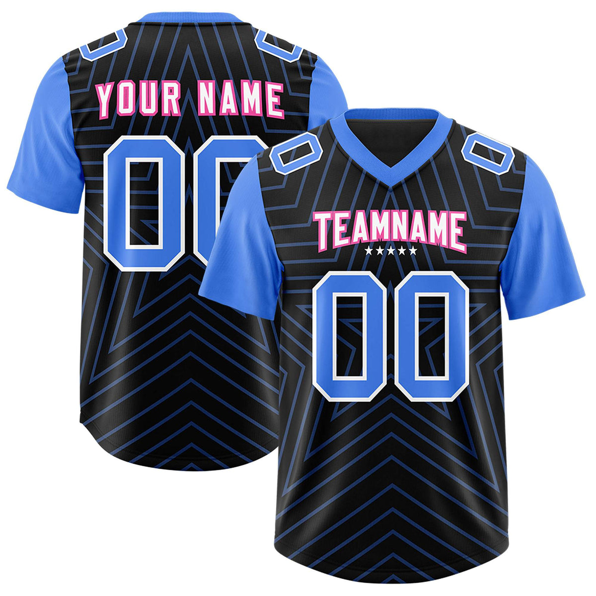 Custom Black Powder Blue Personalized Star Pattern Raglan Sleeves Authentic Football Jersey