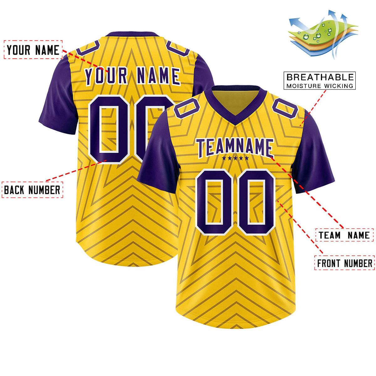 Custom Gold Purple Personalized Star Pattern Raglan Sleeves Authentic Football Jersey