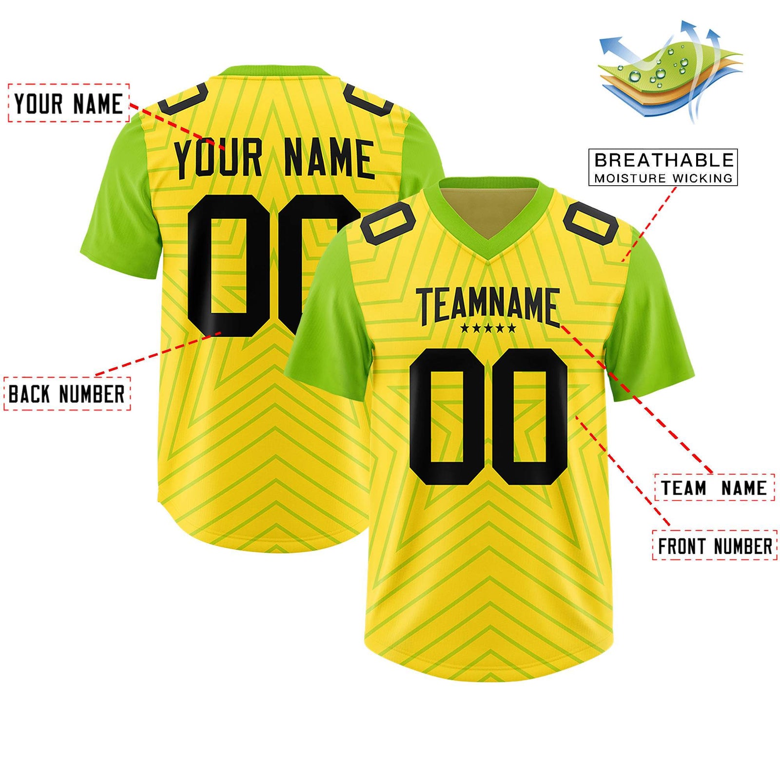 Custom Gold Neon Green Personalized Star Pattern Raglan Sleeves Authentic Football Jersey