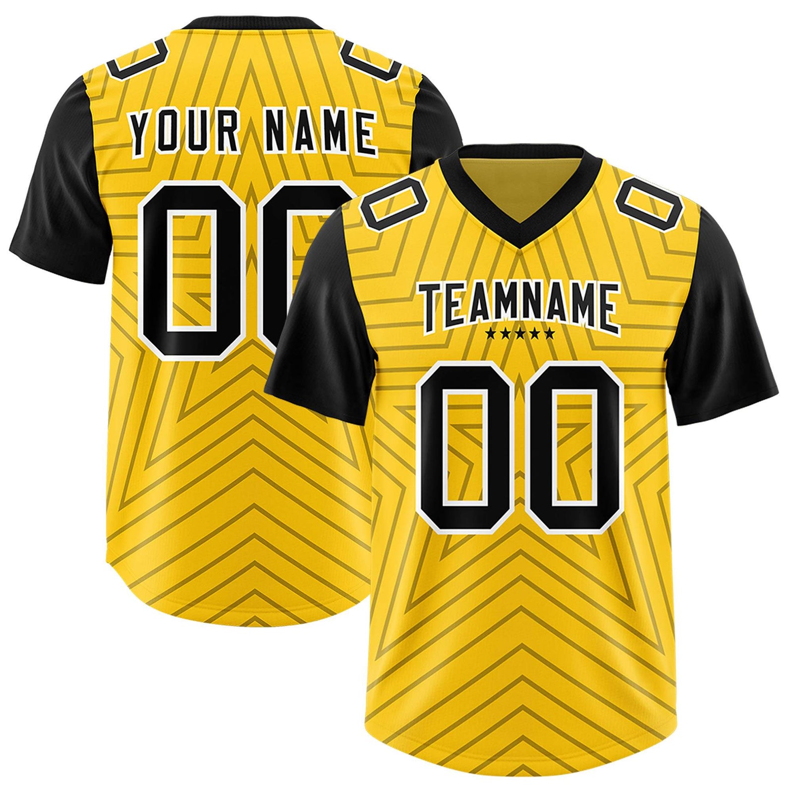 Custom Gold Black Personalized Star Pattern Raglan Sleeves Authentic Football Jersey