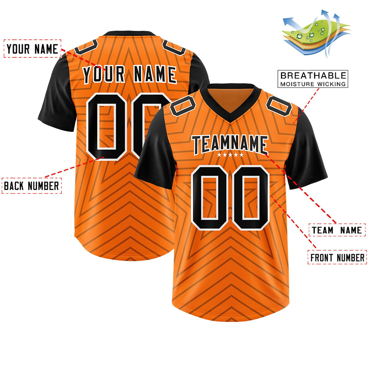 Custom Orange Black Personalized Star Pattern Raglan Sleeves Authentic Football Jersey