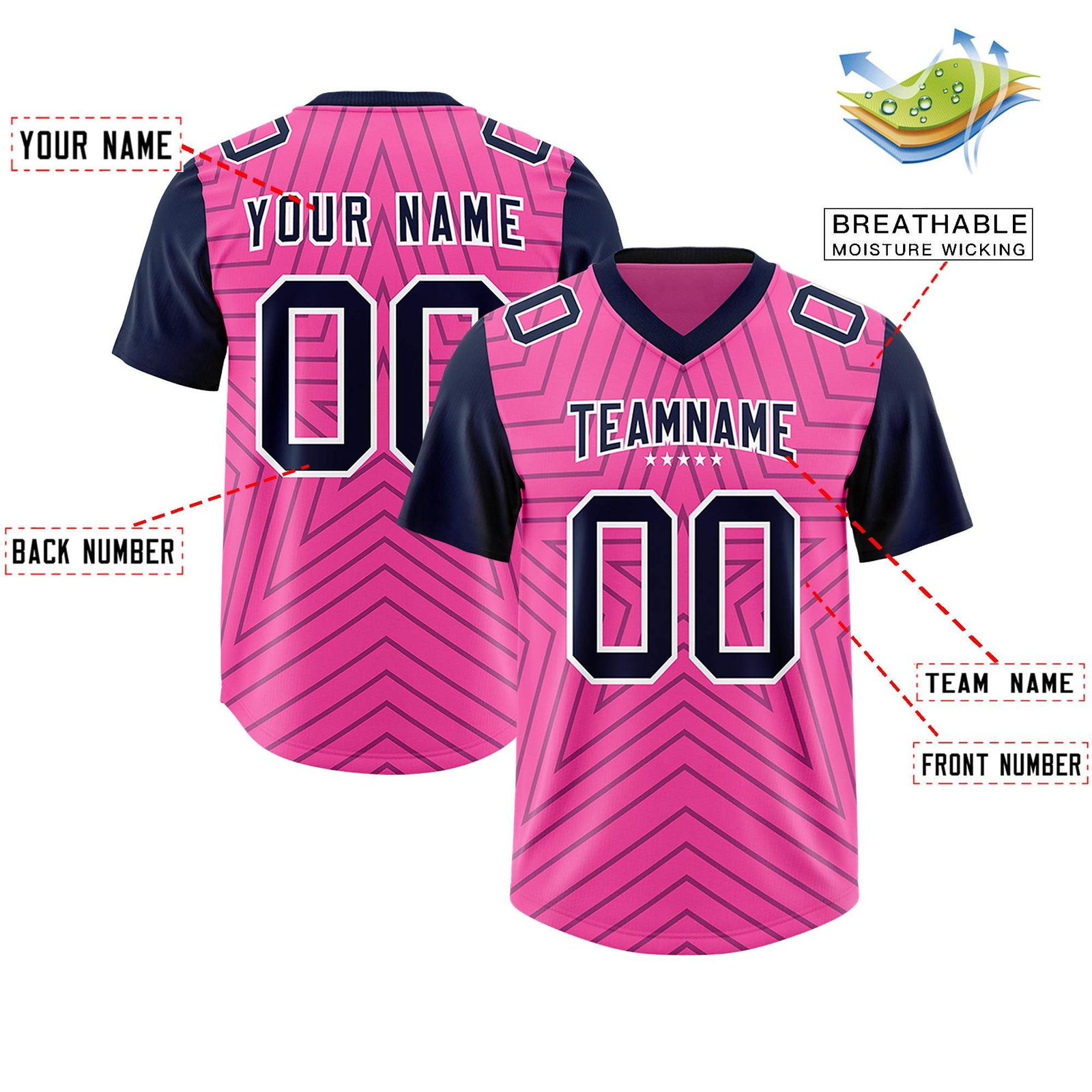 Custom Pink Navy Personalized Star Pattern Raglan Sleeves Authentic Football Jersey