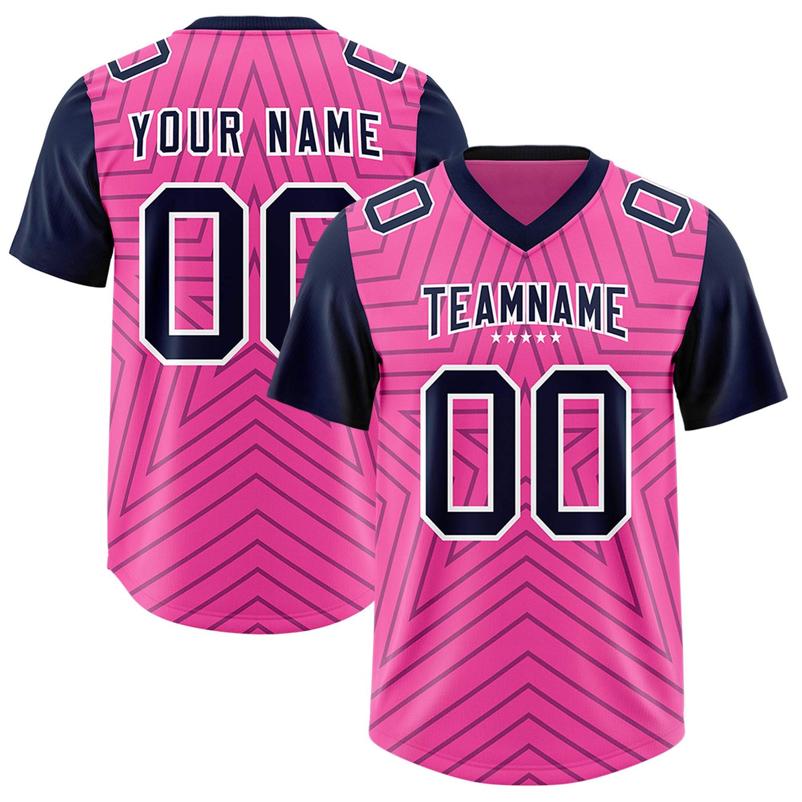 Custom Pink Navy Personalized Star Pattern Raglan Sleeves Authentic Football Jersey