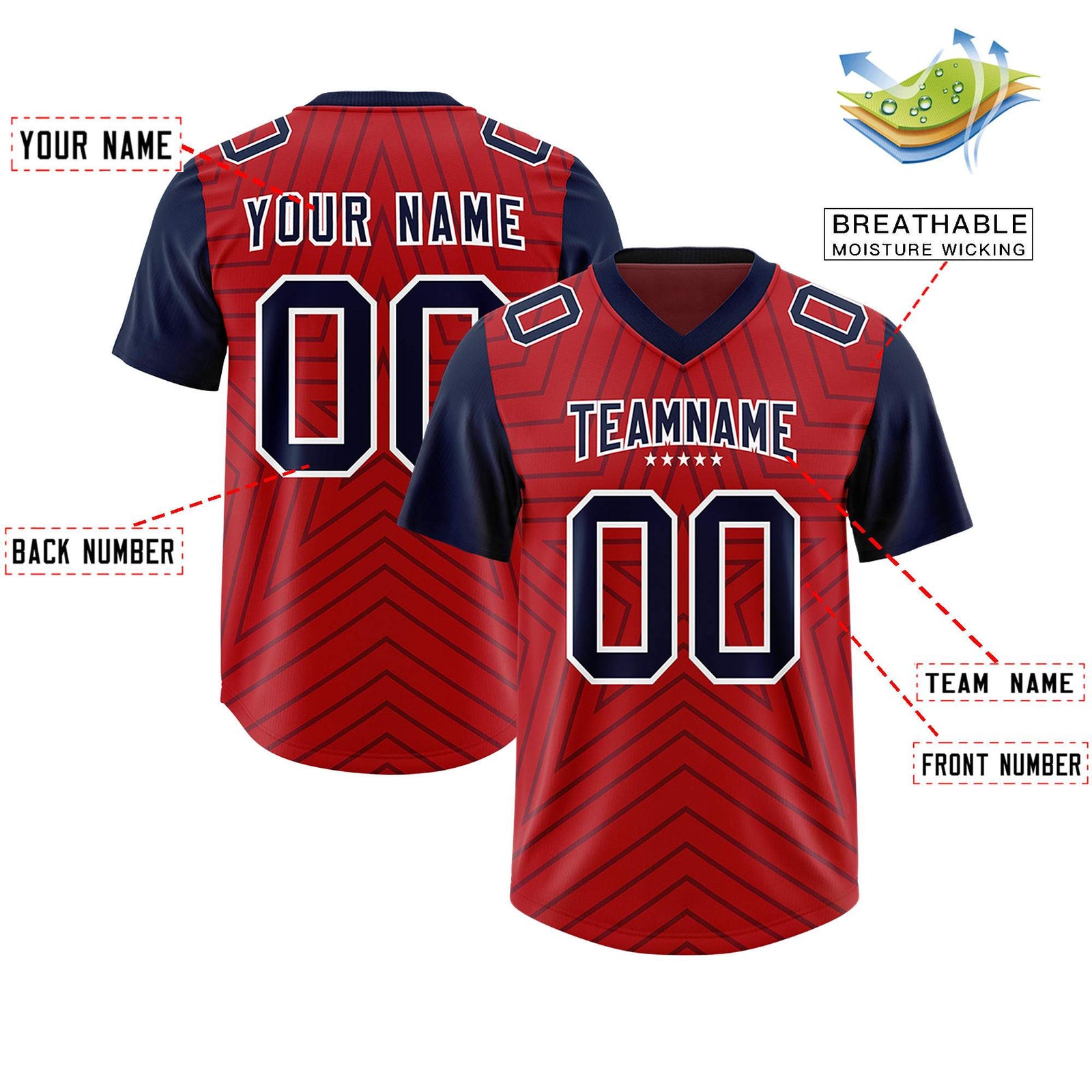 Custom Red Navy Personalized Star Pattern Raglan Sleeves Authentic Football Jersey
