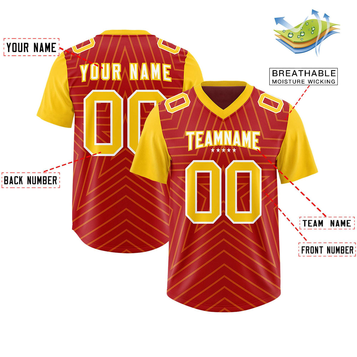 Custom Red Gold Personalized Star Pattern Raglan Sleeves Authentic Football Jersey