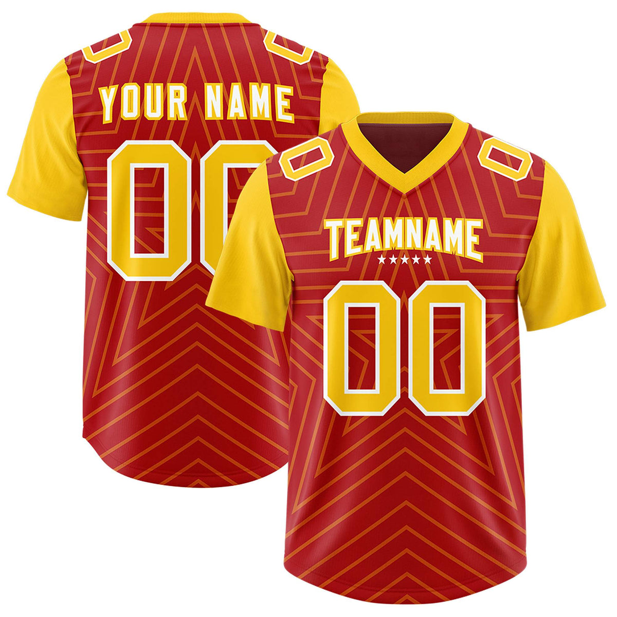 Custom Red Gold Personalized Star Pattern Raglan Sleeves Authentic Football Jersey