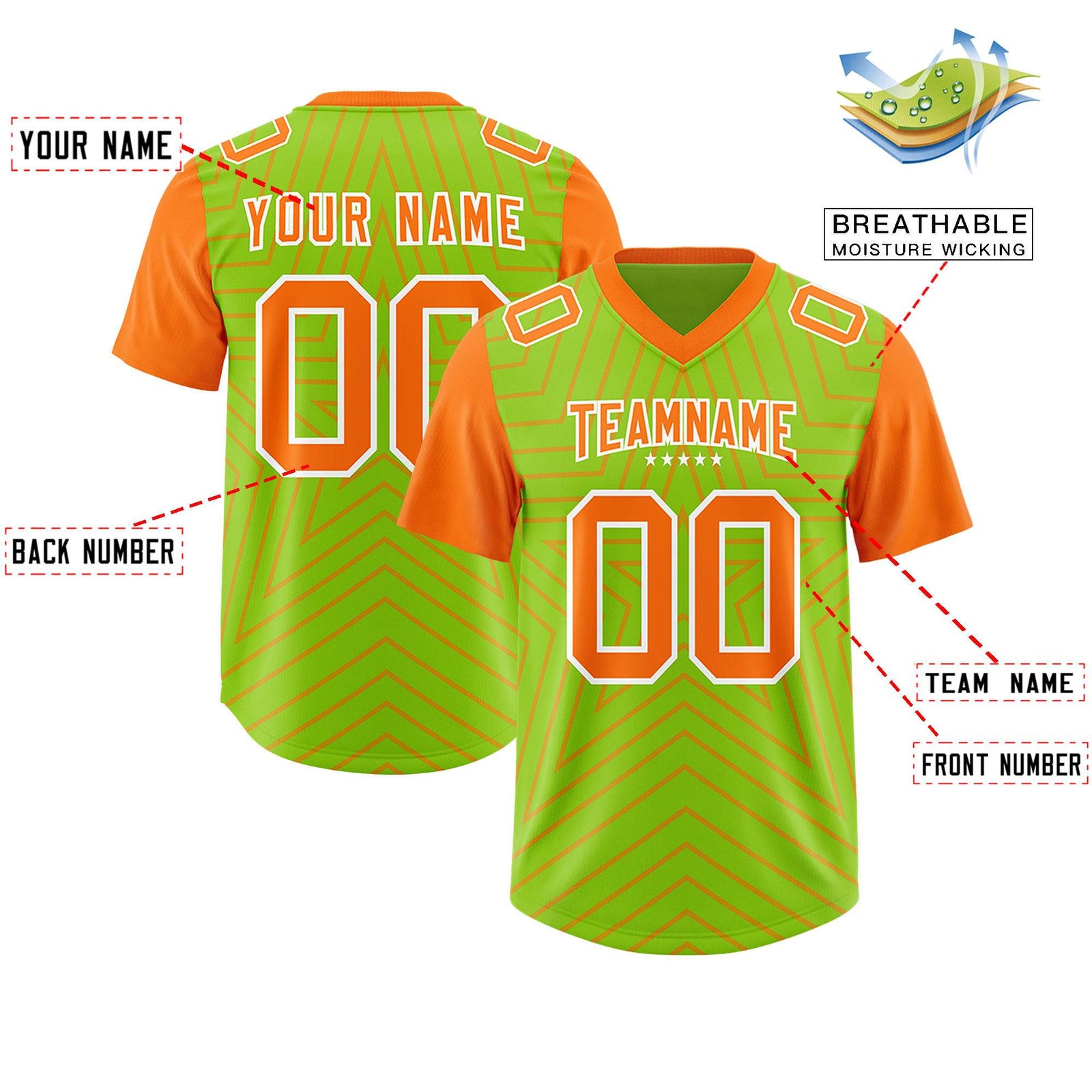 Custom Neon Green Orange Personalized Star Pattern Raglan Sleeves Authentic Football Jersey