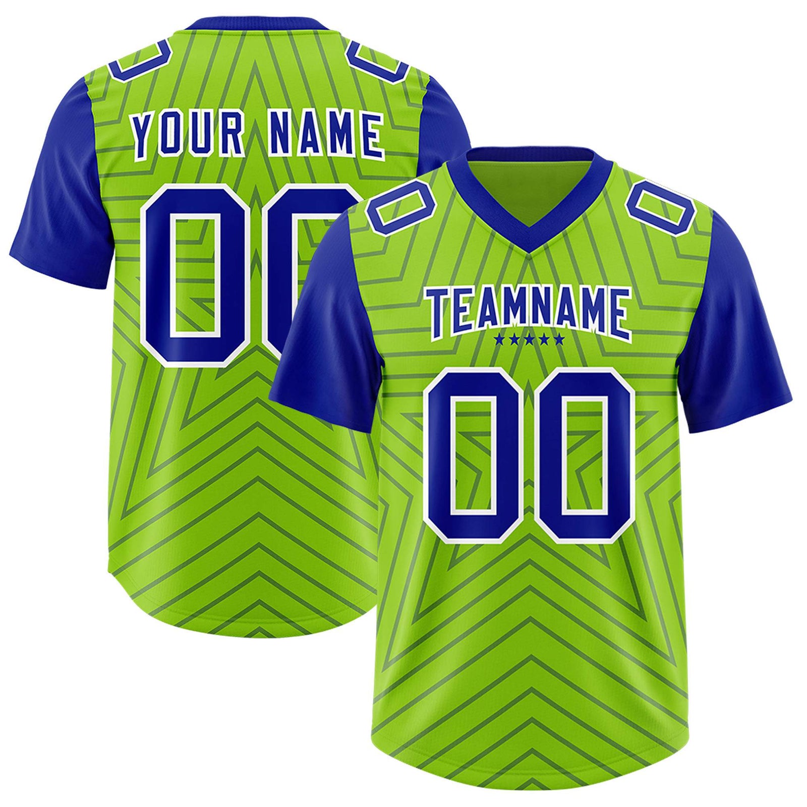 Custom Neon Green Royal Personalized Star Pattern Raglan Sleeves Authentic Football Jersey