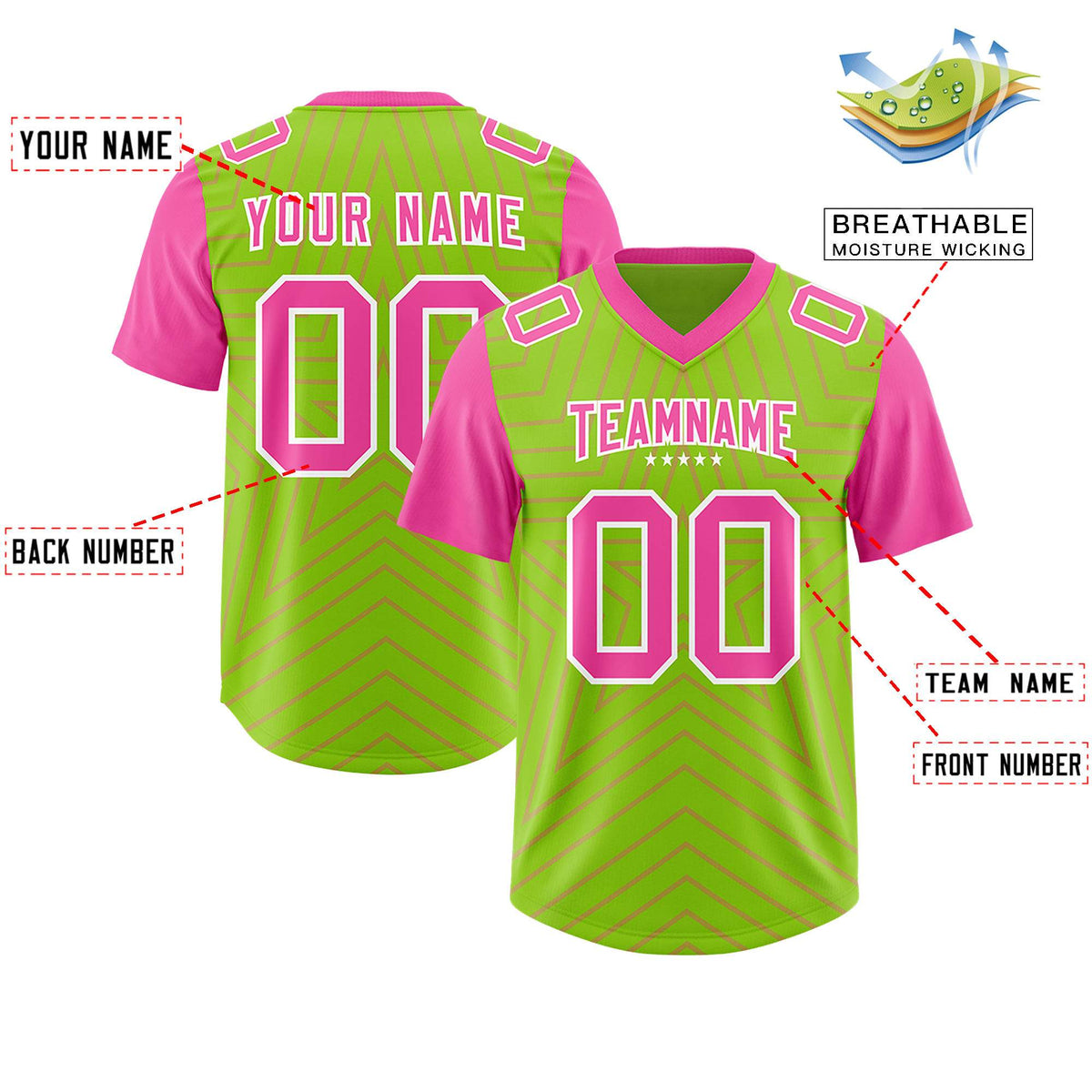 Custom Neon Green Pink Personalized Star Pattern Raglan Sleeves Authentic Football Jersey