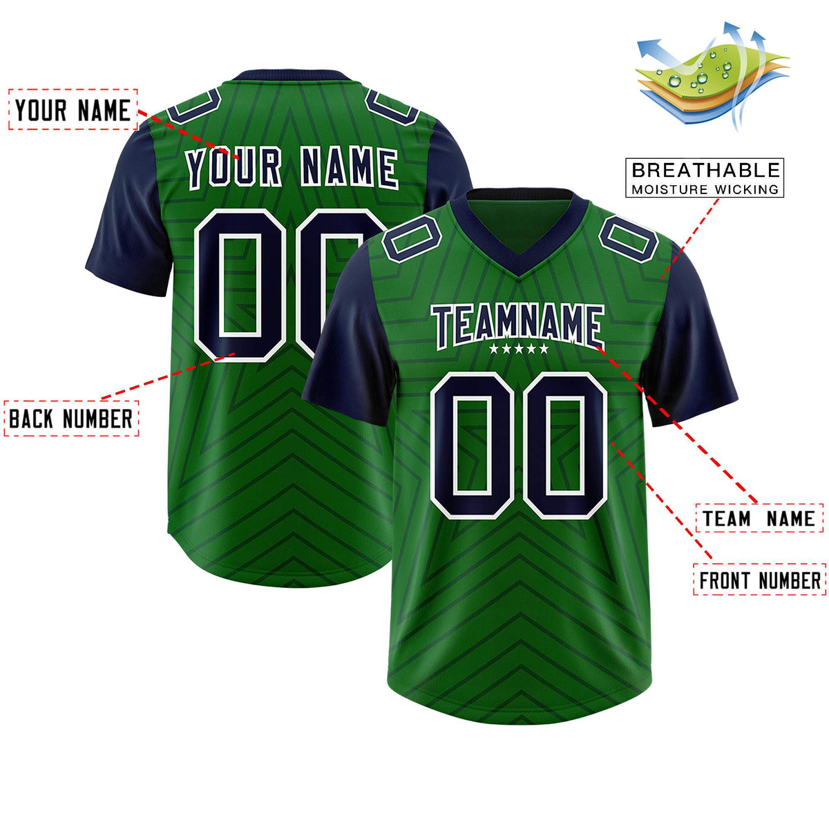 Custom Kelly Green Navy Personalized Star Pattern Raglan Sleeves Authentic Football Jersey