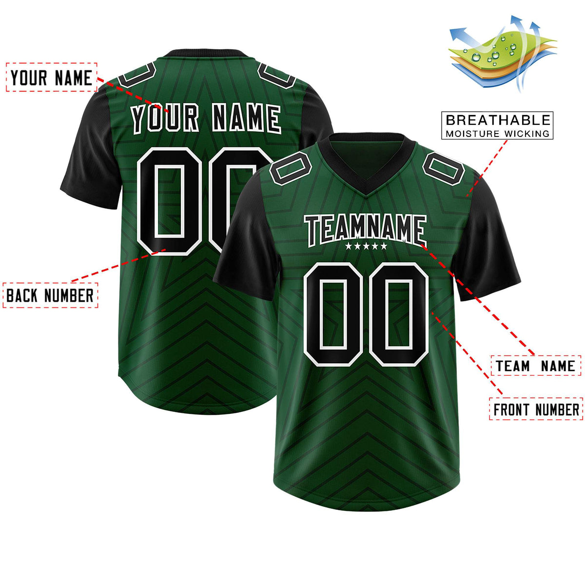 Custom Green Black Personalized Star Pattern Raglan Sleeves Authentic Football Jersey