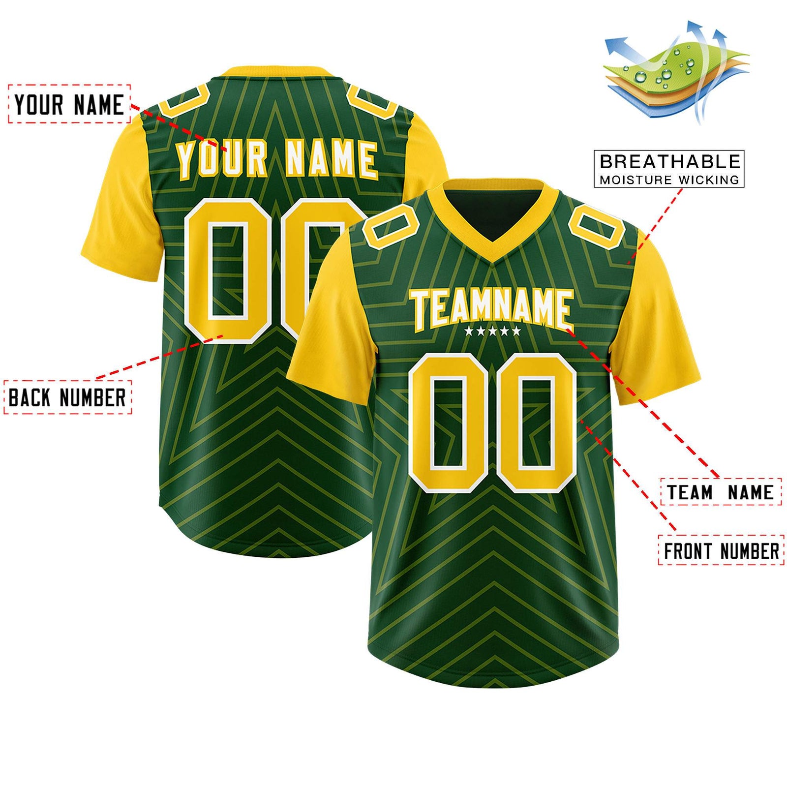Custom Green Gold Personalized Star Pattern Raglan Sleeves Authentic Football Jersey