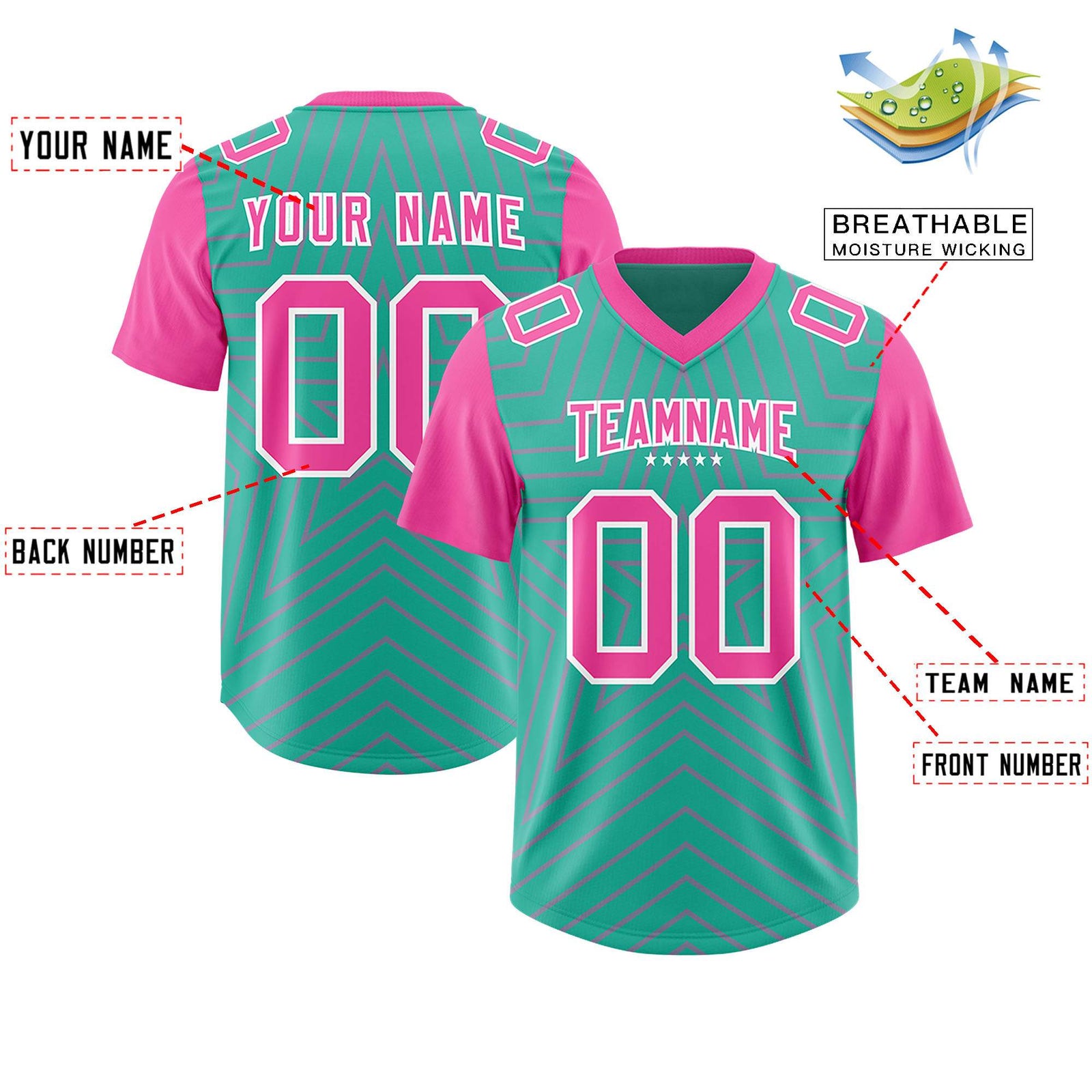 Custom Bright Green Pink Personalized Star Pattern Raglan Sleeves Authentic Football Jersey