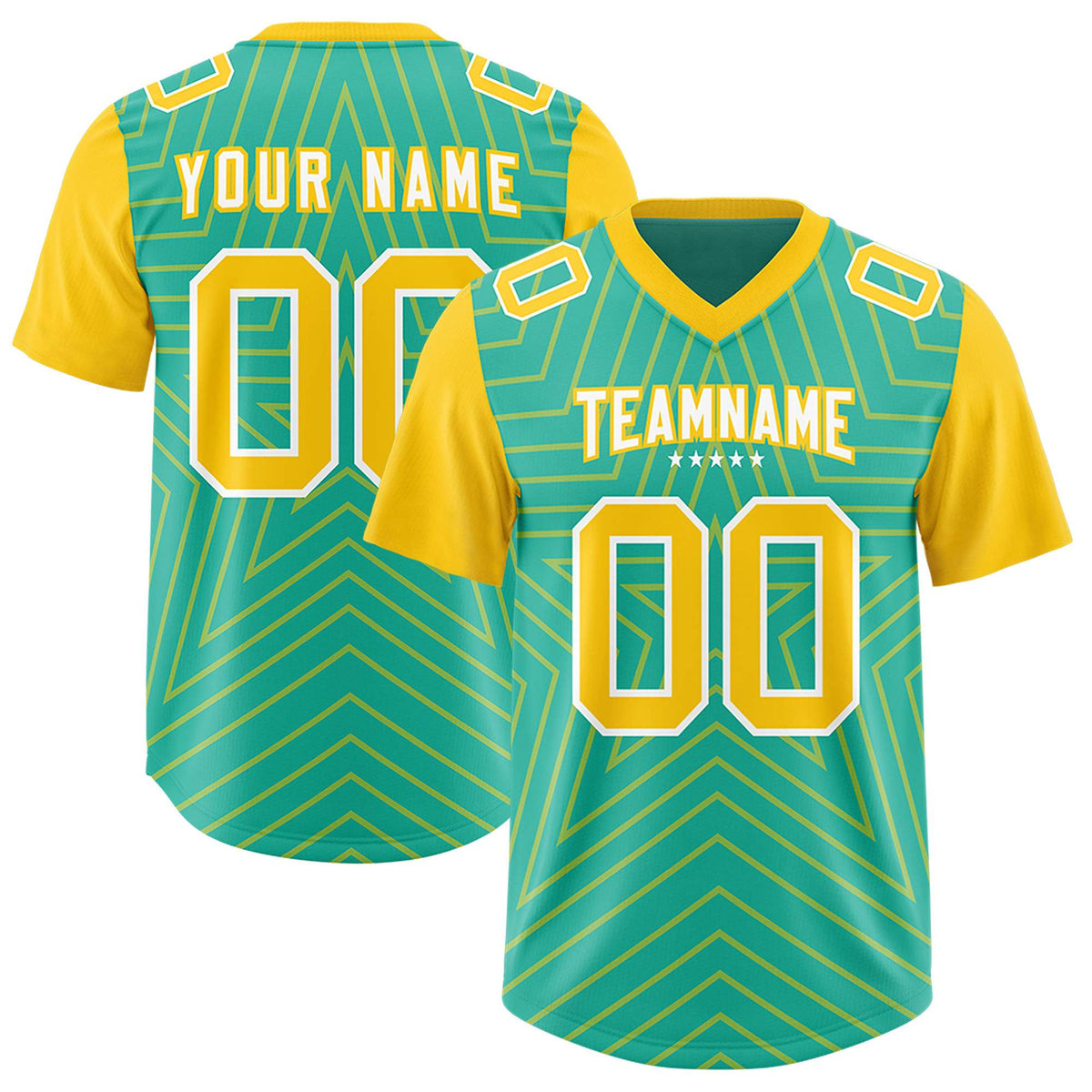 Custom Bright Green Gold Personalized Star Pattern Raglan Sleeves Authentic Football Jersey