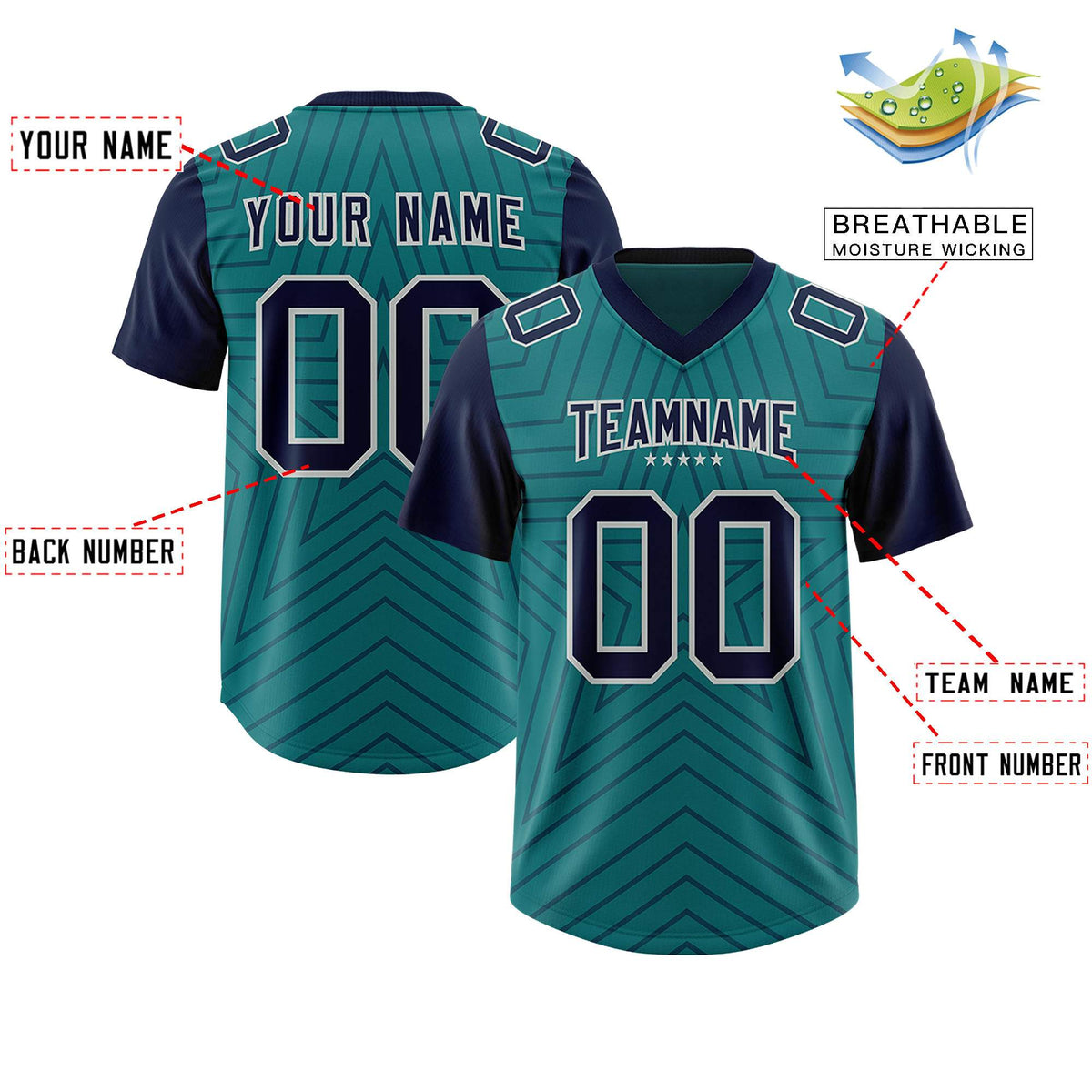 Custom Aqua Navy Personalized Star Pattern Raglan Sleeves Authentic Football Jersey