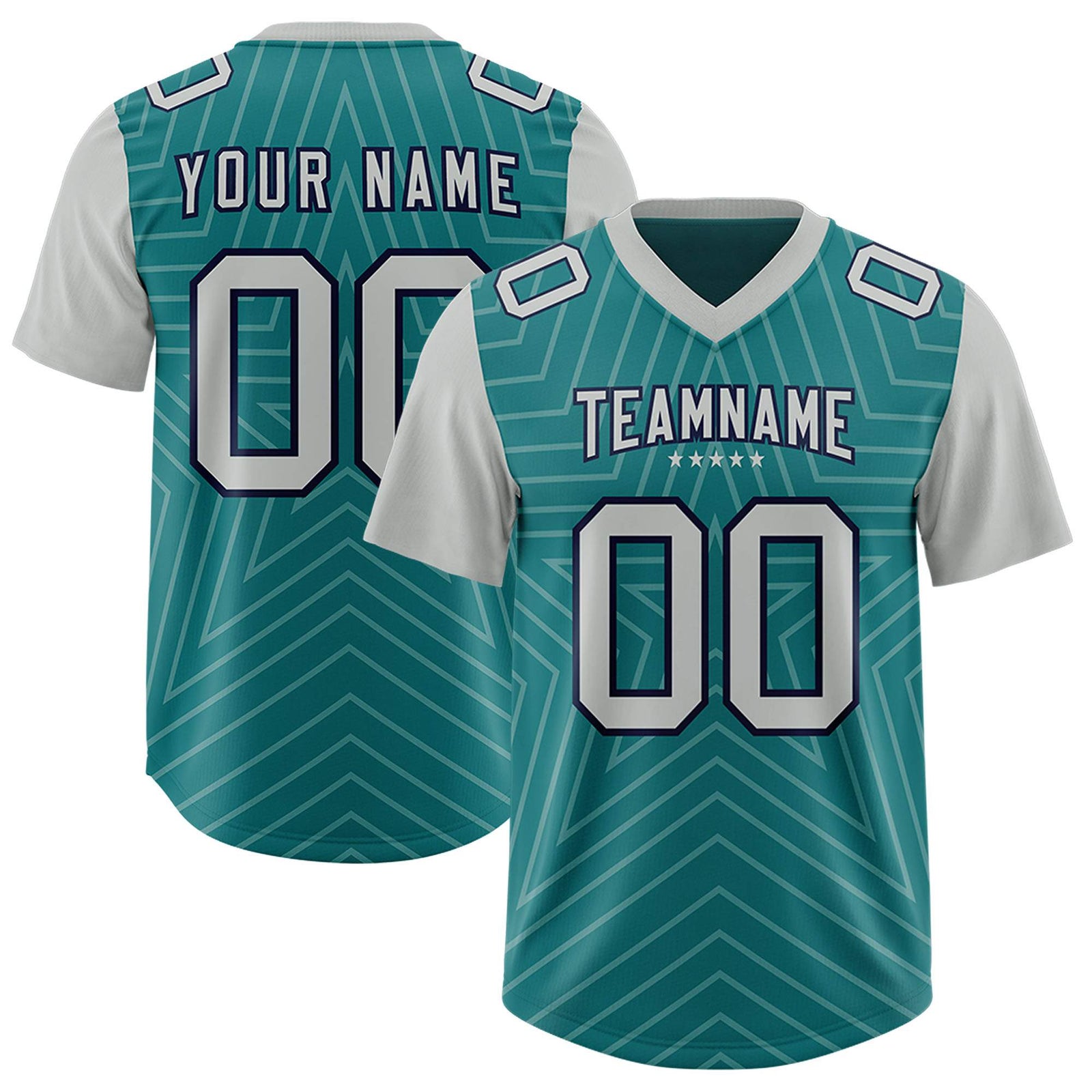Custom Aqua Gray Personalized Star Pattern Raglan Sleeves Authentic Football Jersey