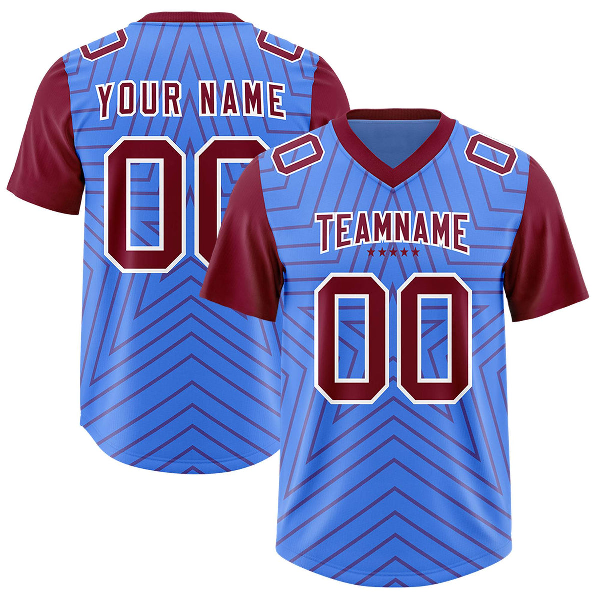 Custom Powder Blue Cardinal Personalized Star Pattern Raglan Sleeves Authentic Football Jersey