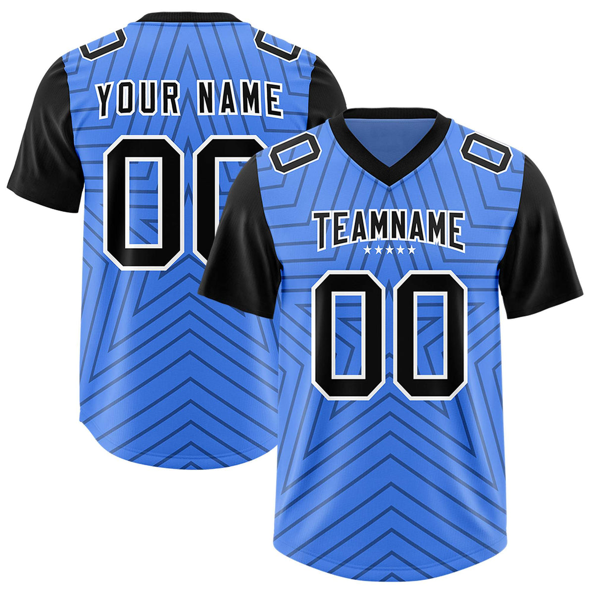 Custom Powder Blue Black Personalized Star Pattern Raglan Sleeves Authentic Football Jersey