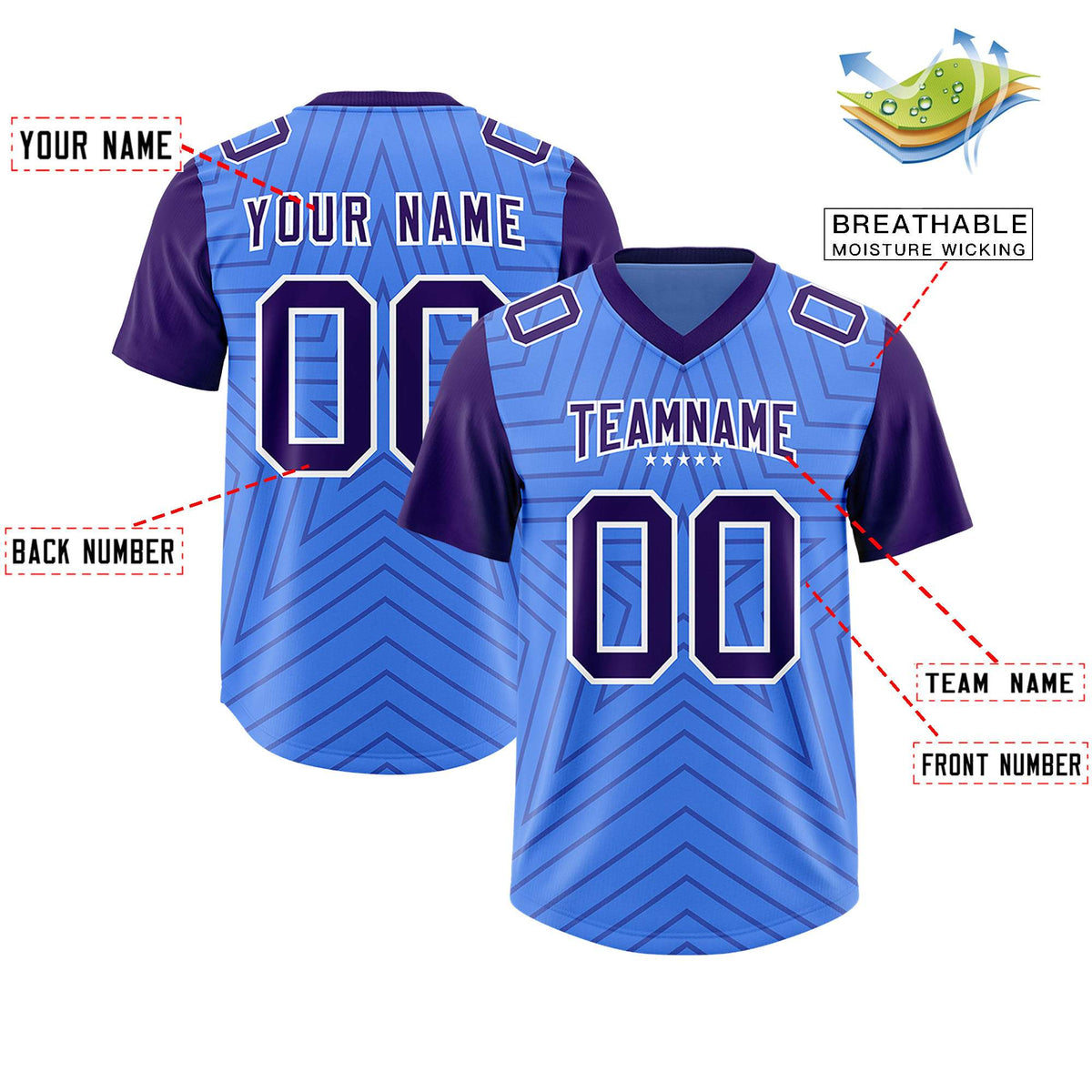 Custom Powder Blue Purple Personalized Star Pattern Raglan Sleeves Authentic Football Jersey