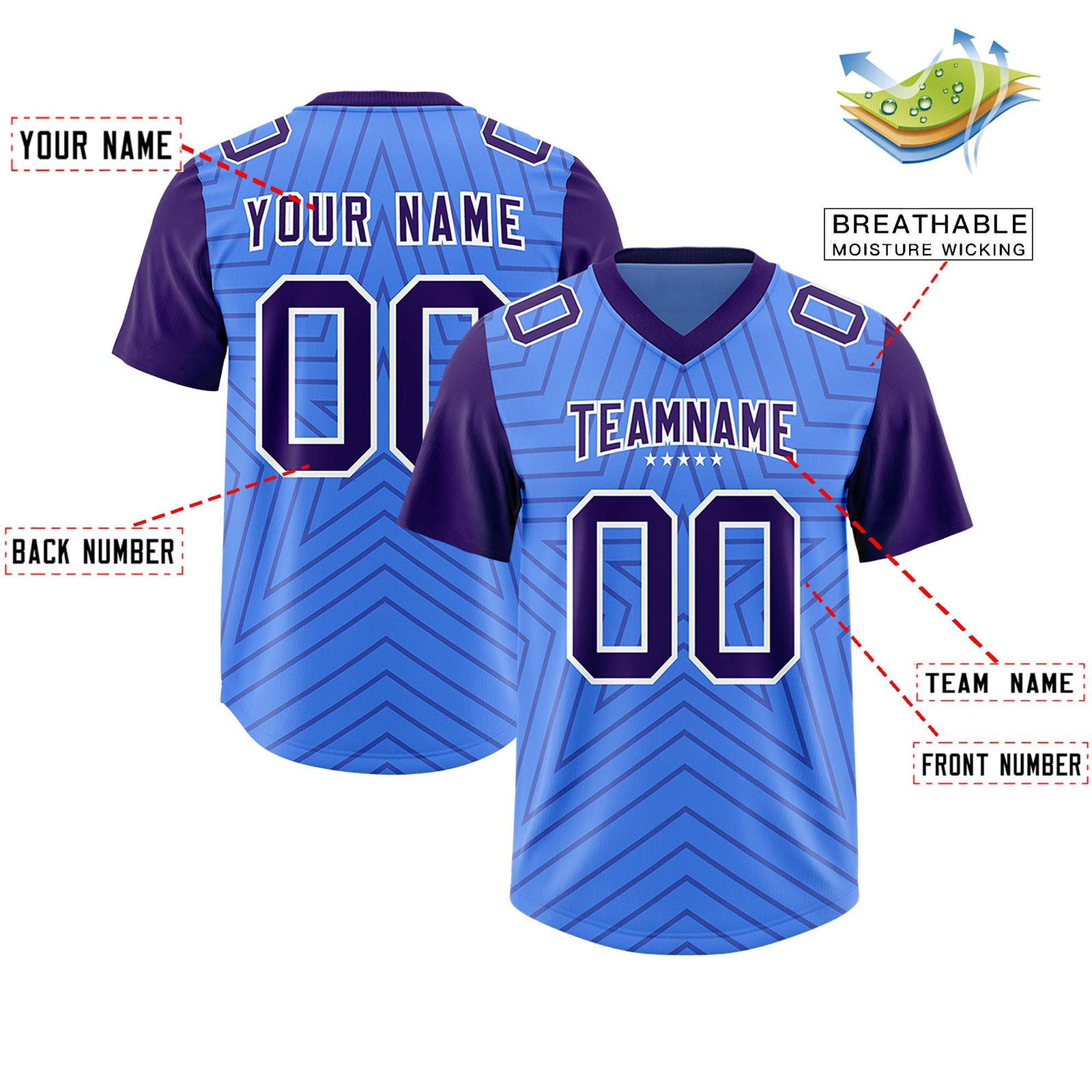 Custom Powder Blue Purple Personalized Star Pattern Raglan Sleeves Authentic Football Jersey