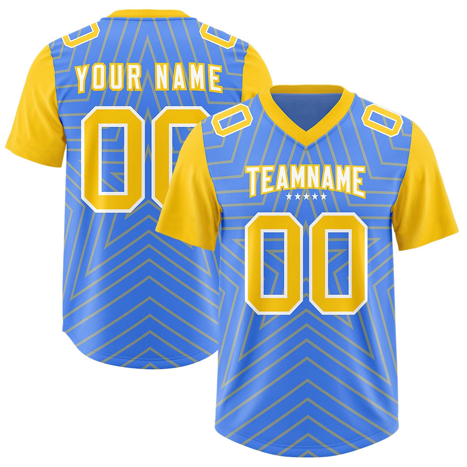 Custom Powder Blue Gold Personalized Star Pattern Raglan Sleeves Authentic Football Jersey