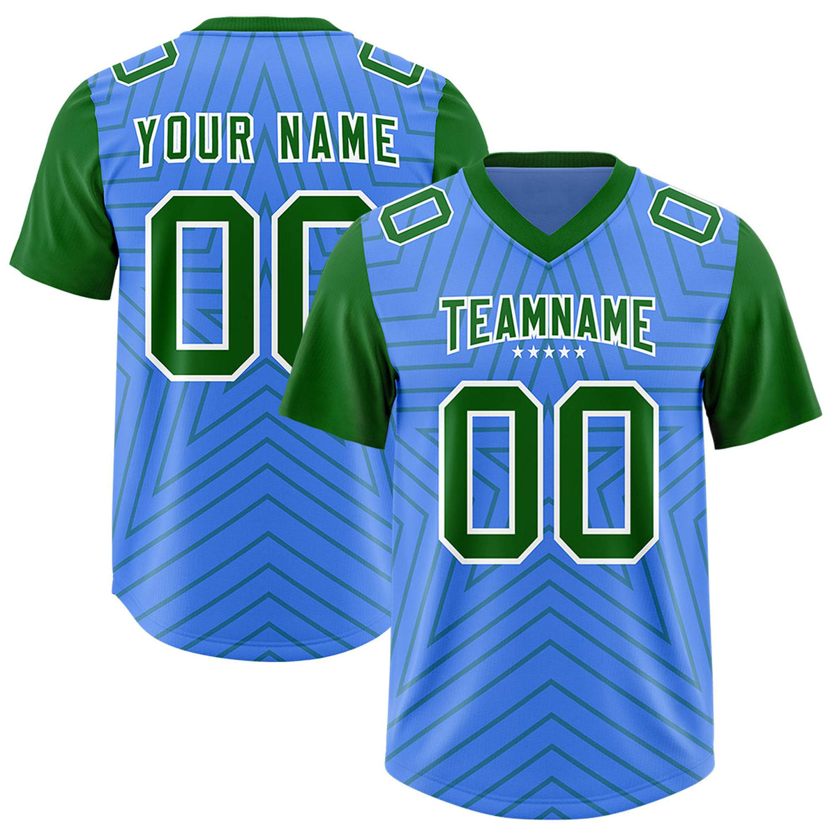 Custom Powder Blue Kelly Green Personalized Star Pattern Raglan Sleeves Authentic Football Jersey