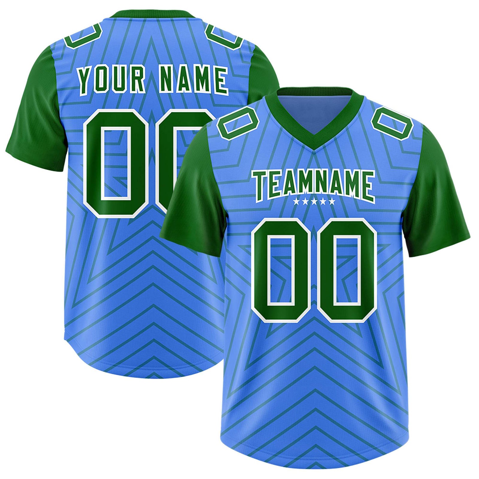 Custom Powder Blue Kelly Green Personalized Star Pattern Raglan Sleeves Authentic Football Jersey